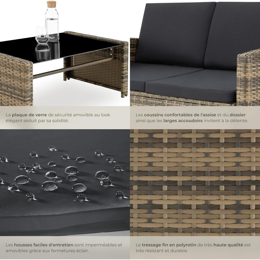 tectake 4 Seater Resin Outdoor Garden Furniture Set Garden Table, 1 Sofa, 2 Armchairs, Cushions Included, Garden Furniture - Natural Brown/Dark Grey