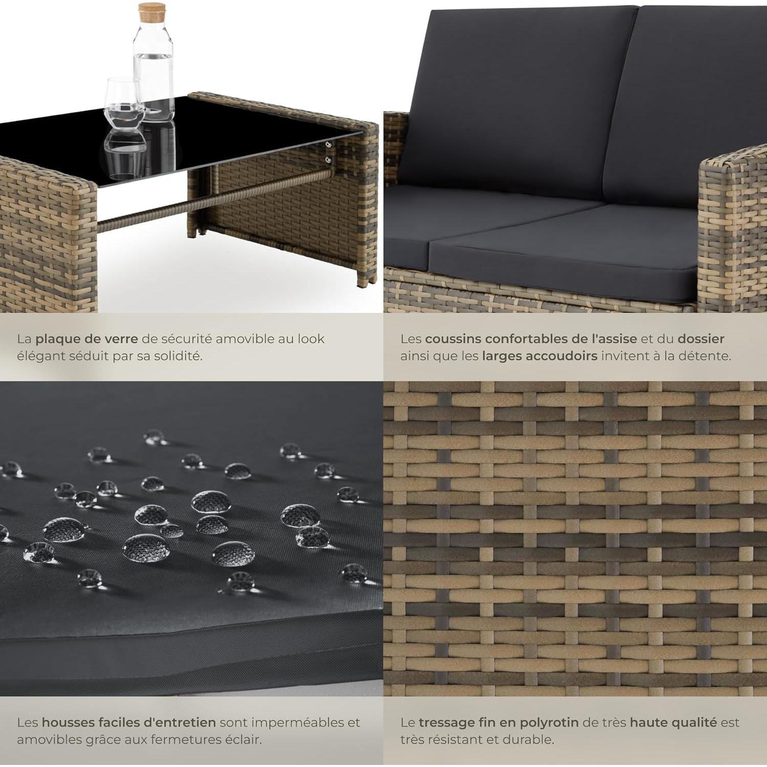 tectake 4 Seater Resin Outdoor Garden Furniture Set Garden Table, 1 Sofa, 2 Armchairs, Cushions Included, Garden Furniture - Natural Brown/Dark Grey