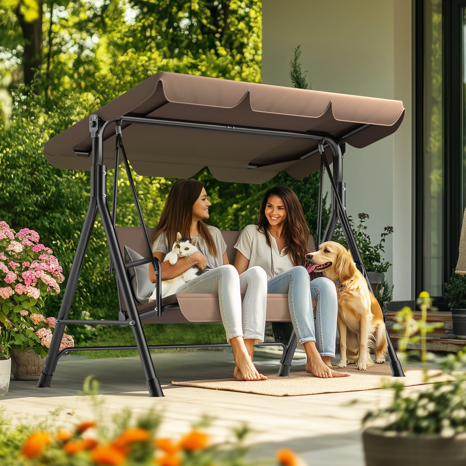 Ergonomic 3 Seater Swing Chair with Adjustable Roof, Garden Swing with Non-Slip Feet, Stable Metal Frame, Water Resistant, Outdoor Swing for Patio and Garden, Beige