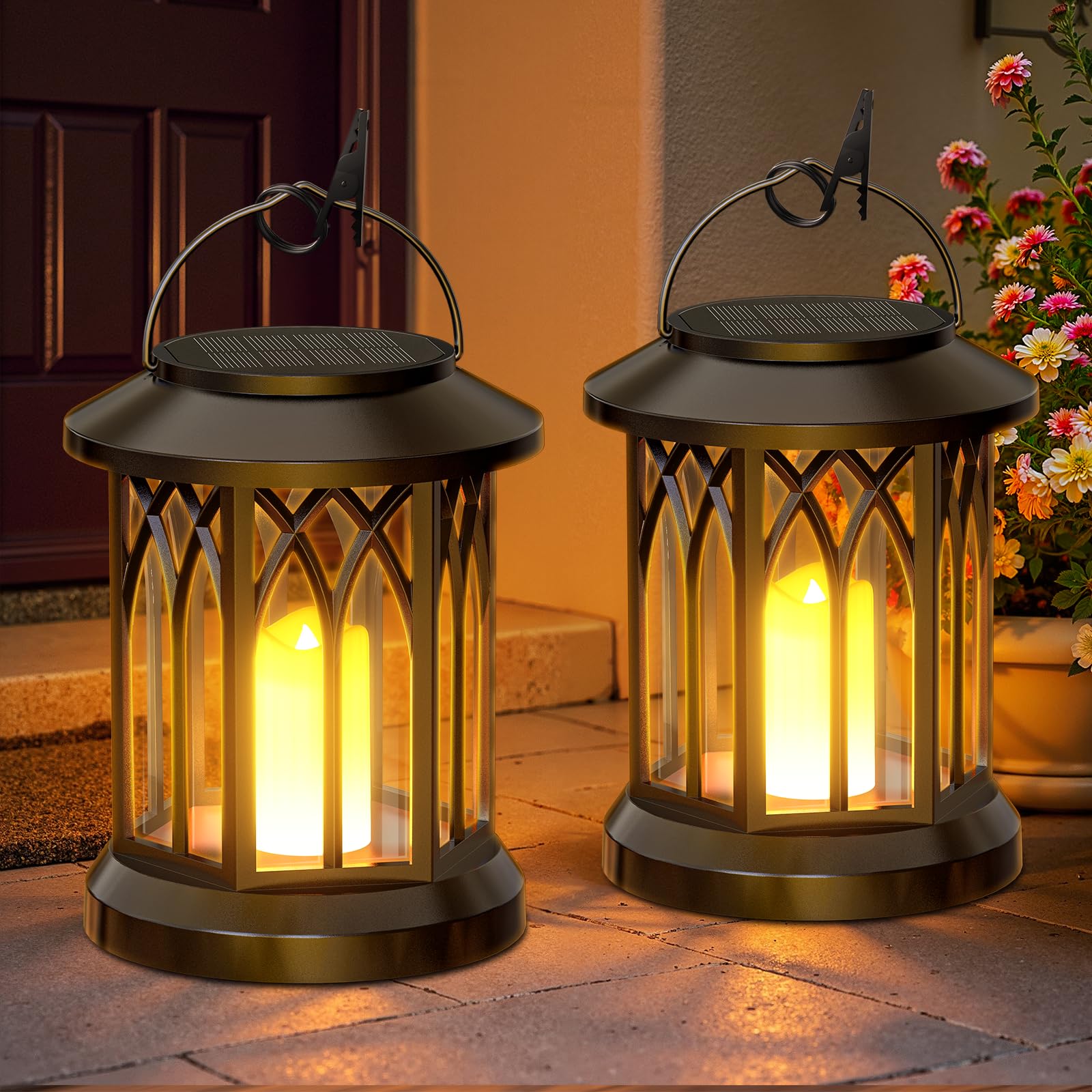 GEARLITE 2 x Solar Lantern Outdoor Garden Hanging Flame Effect Decorative IP65 Waterproof LED Outdoor Hanging Light with Clips for Garden Balcony