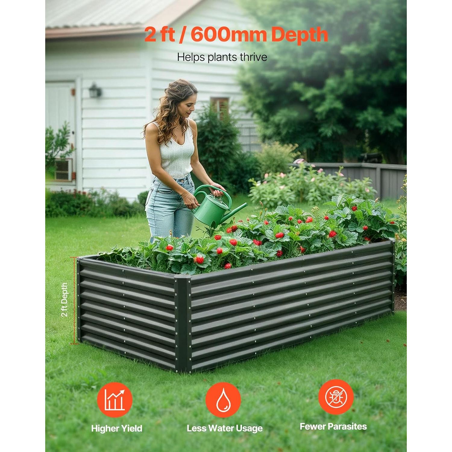 VEVOR Raised Metal Vegetable Garden Garden Garden Bed 240 x 120 x 60 cm Square Galvanised Raised Bed Garden Bed Garden Planter for Growing Vegetables, Flowers, Herbs, Aromatic Plants, Dark Grey