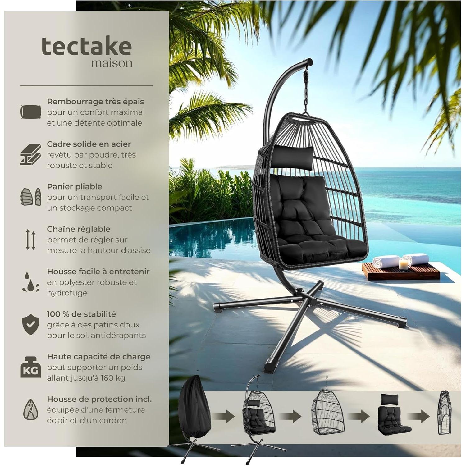 tectake Hanging Egg Hammock Chair Cocooning Swing Chair Comfortable Foldable Durable Relax Chair with Steel Frame & Thick Cushion