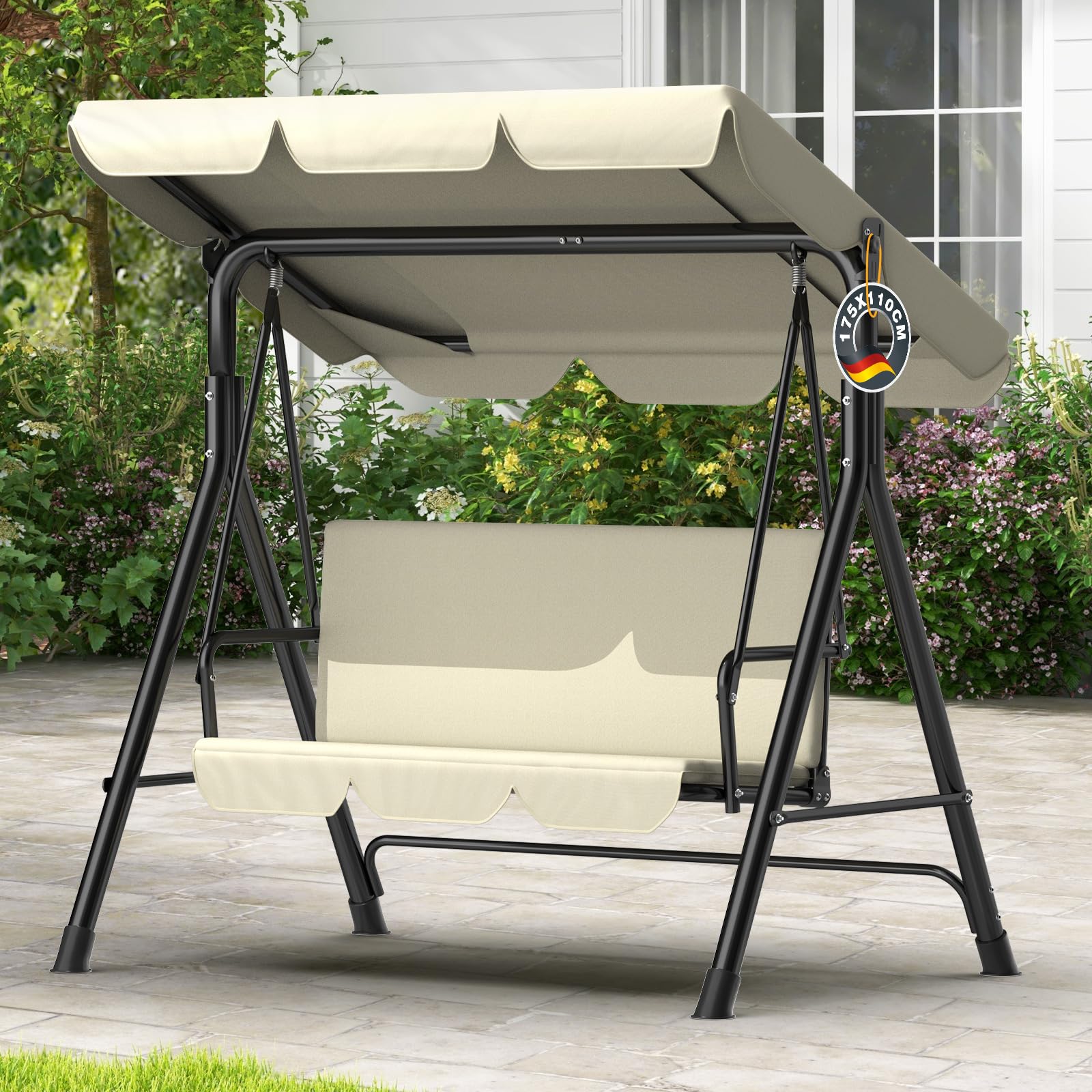 Ergonomic 3 Seater Swing Chair with Adjustable Roof, Garden Swing with Non-Slip Feet, Stable Metal Frame, Water Resistant, Outdoor Swing for Patio and Garden, Beige