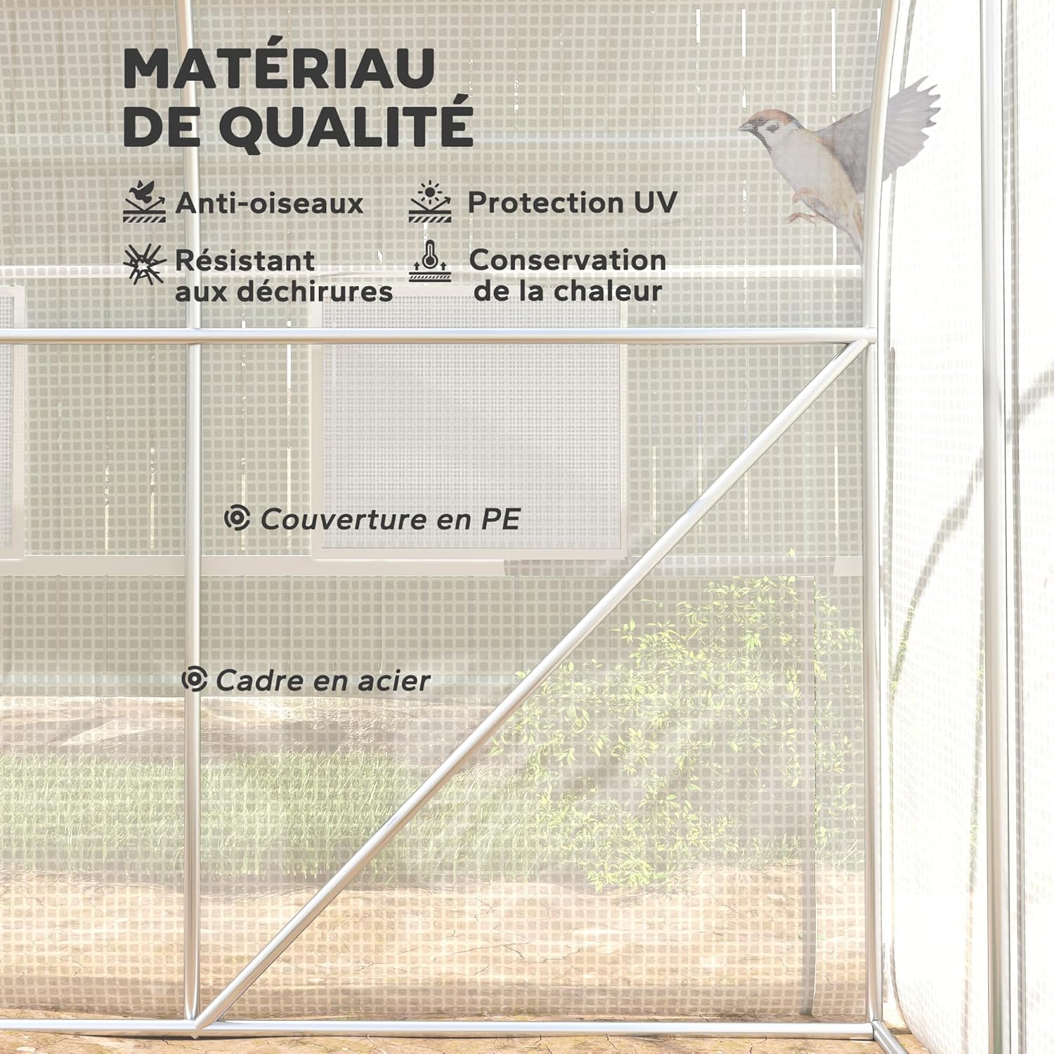 Outsunny Tunnel Garden Greenhouse, 6 m² Greenhouse Tunnel with 6 Windows and 1 Roll-Up Door, Polyethylene Canvas, Galvanised Steel Structure, White