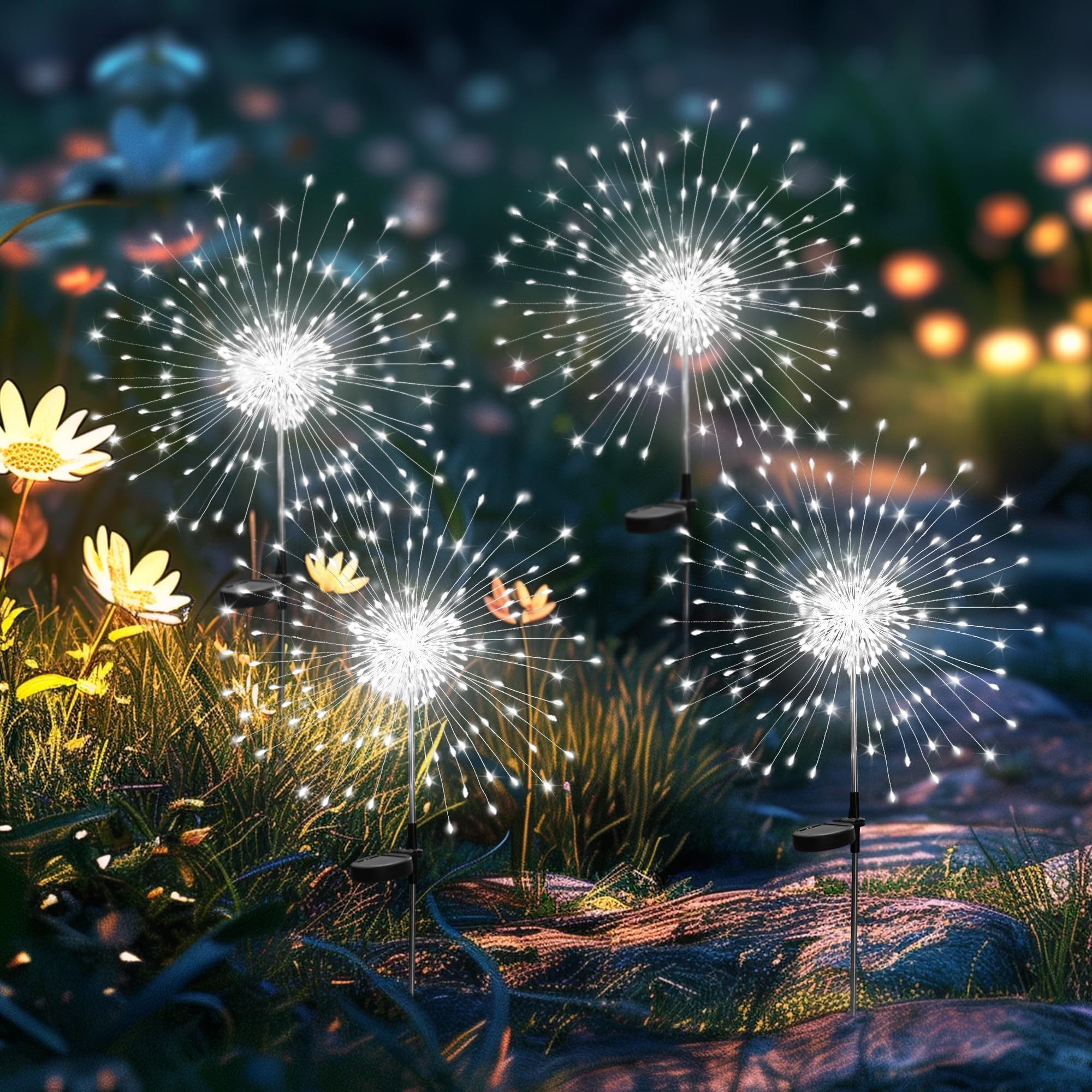 GIGALUMI Set of 4 Solar Outdoor Garden Lights, 120 LED Solar Fireworks, Waterproof Solar Dandelion Lamp for Yard, Lawn, Party, Patio, Wedding Decoration (Warm White)