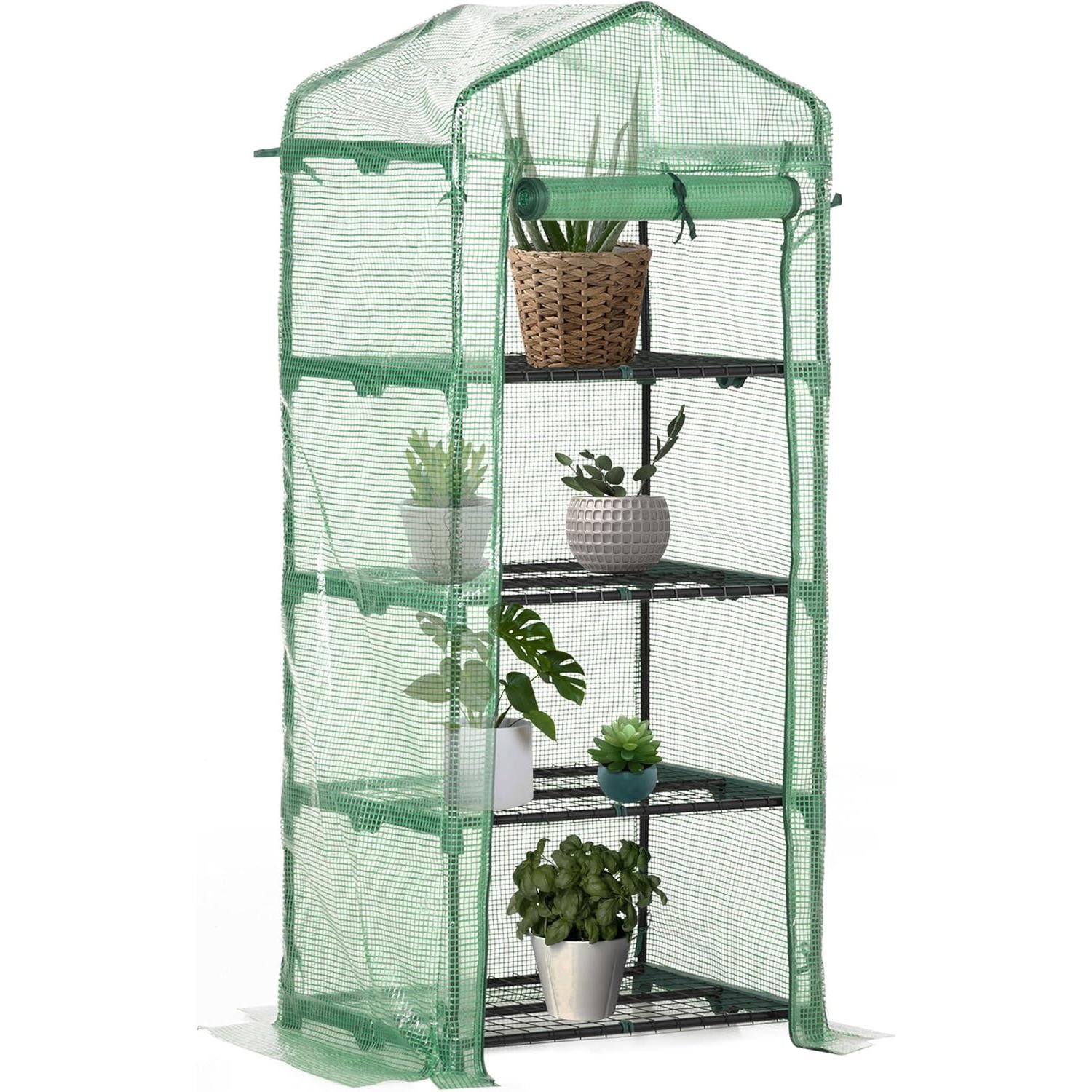 Outsunny PE Garden Greenhouse with Shelves 4 Levels, Balcony Greenhouse, Reinforced Tarpaulin 140 /m², Steel Frame, Roll-Up Zip Door, for Vegetables Plants, Indoor Outdoor, 70 x 50 x 160 cm, Green