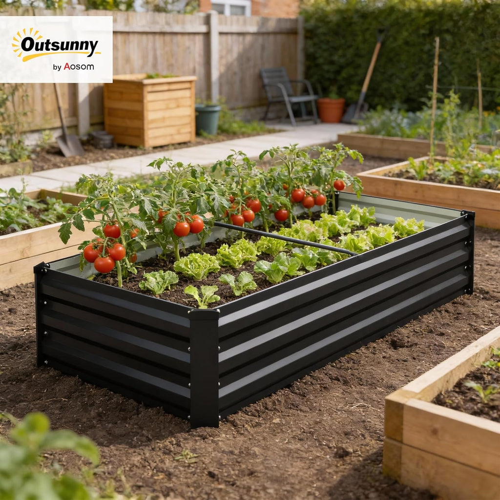 Outsunny Rectangular Steel Garden Planter with Safety Border and Open Bottom, 150L x 70W x 30H cm, Dark Grey