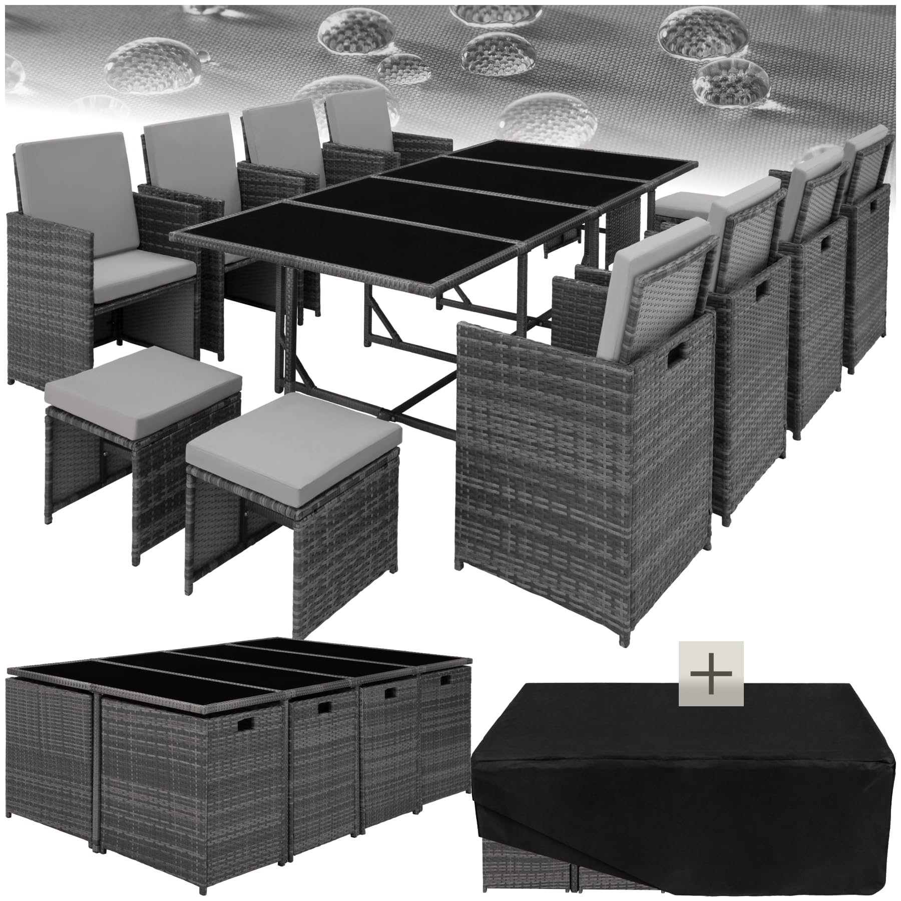 tectake Woven Resin Garden Furniture - Outdoor Dining Set - 8 Comfortable Chairs 4 Stools 1 Table - Furniture for Balcony Terrace - Black/Grey