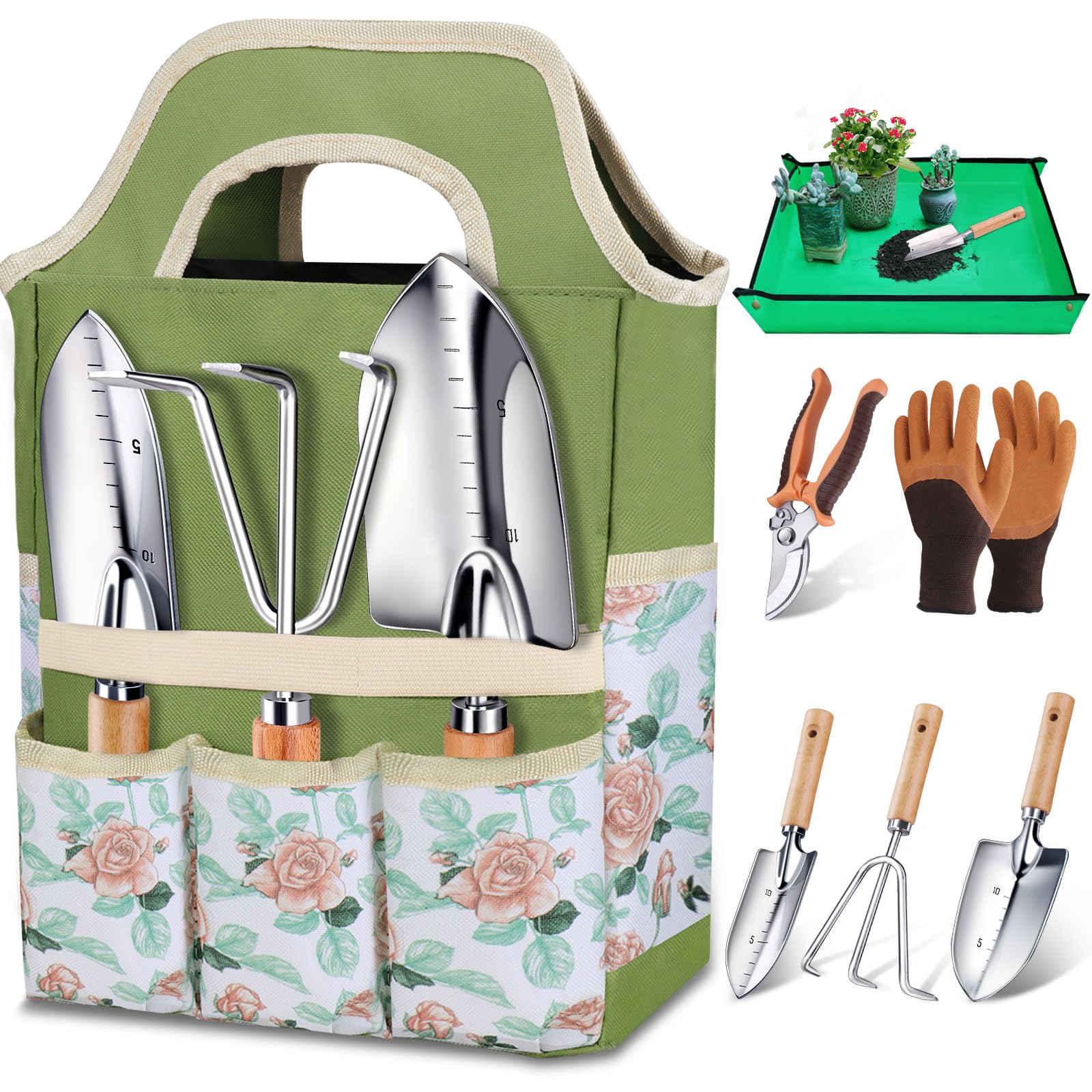 Kynup Gardening Tool Kit, 7 Piece Gardening Tool, Rust Resistant Garden Gift Set with Durable Storage Tote, Ideal Gardening Gifts for Women and Men