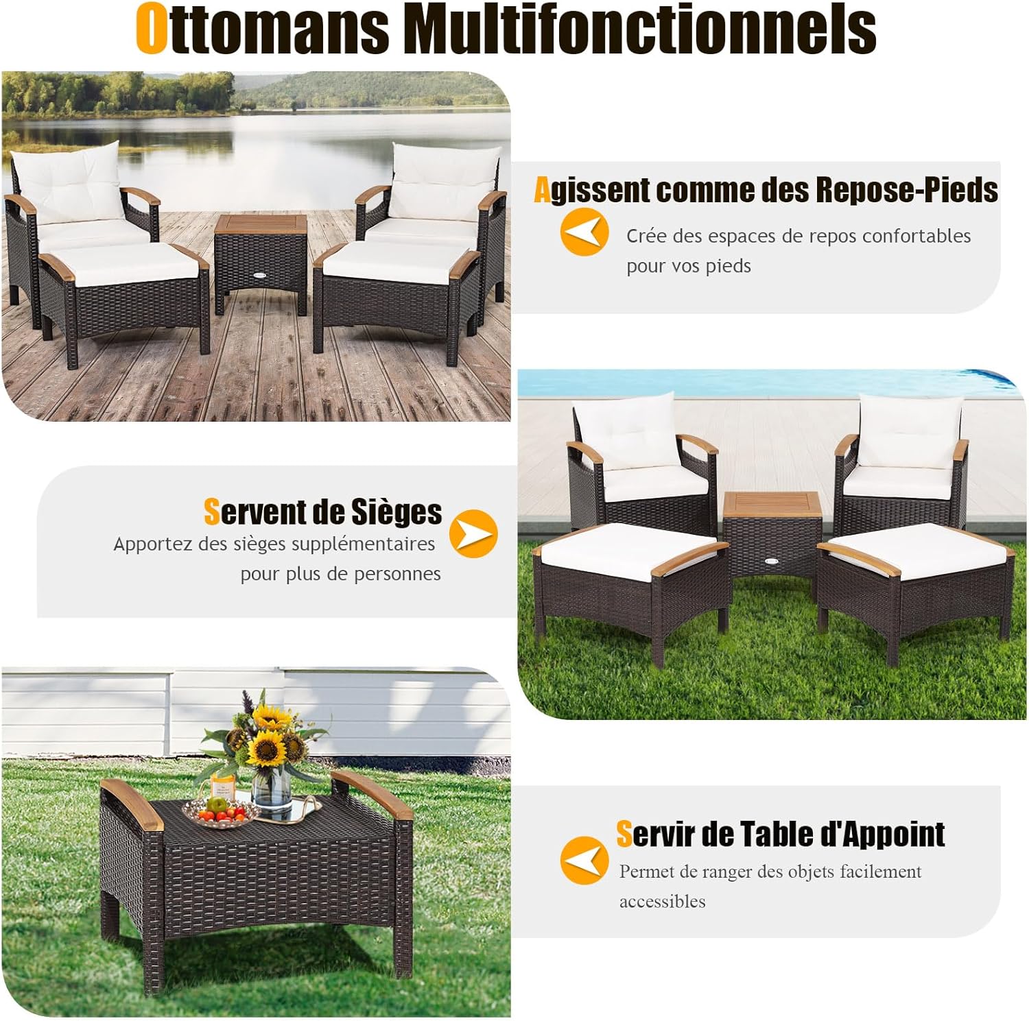 GIANTEX Outdoor Garden Furniture 2-4 Person 5 Pcs Resin Garden Chairs with Coffee Table, 2 Stools/Footrest, Cushions, Non-Slip Feet, Garden Furniture for Patio, Balcony