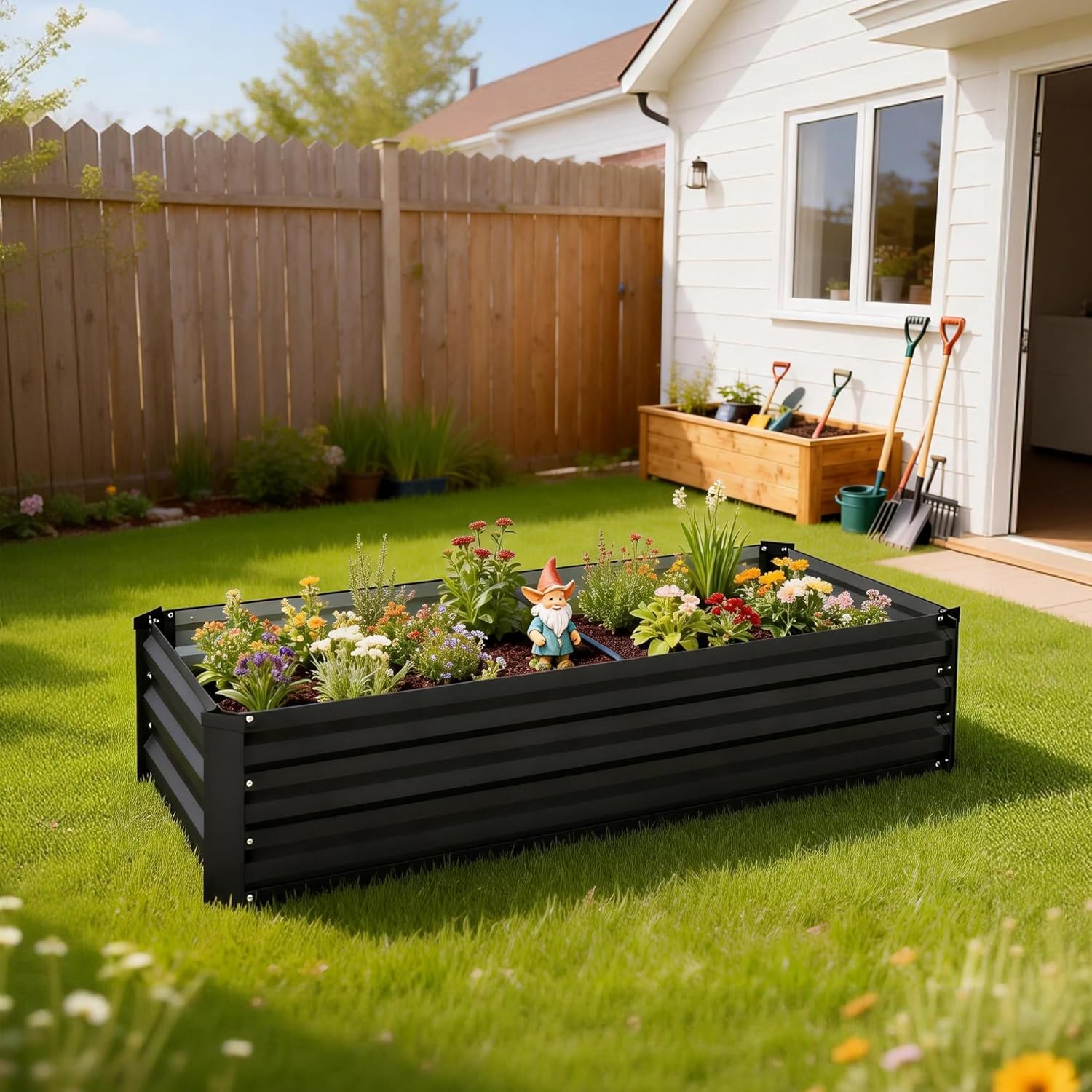 Outsunny Rectangular Steel Garden Planter with Safety Border and Open Bottom, 150L x 70W x 30H cm, Dark Grey