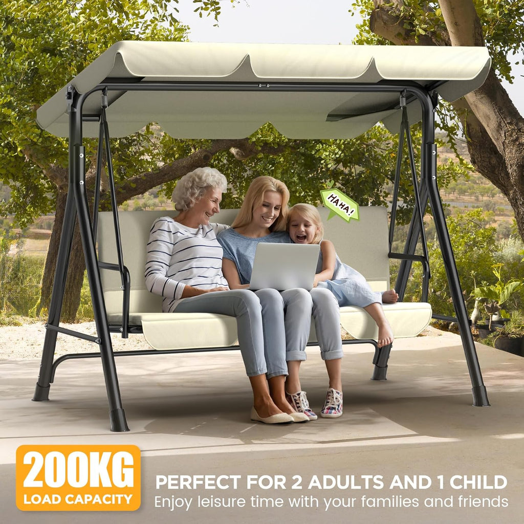 Ergonomic 3 Seater Swing Chair with Adjustable Roof, Garden Swing with Non-Slip Feet, Stable Metal Frame, Water Resistant, Outdoor Swing for Patio and Garden, Beige
