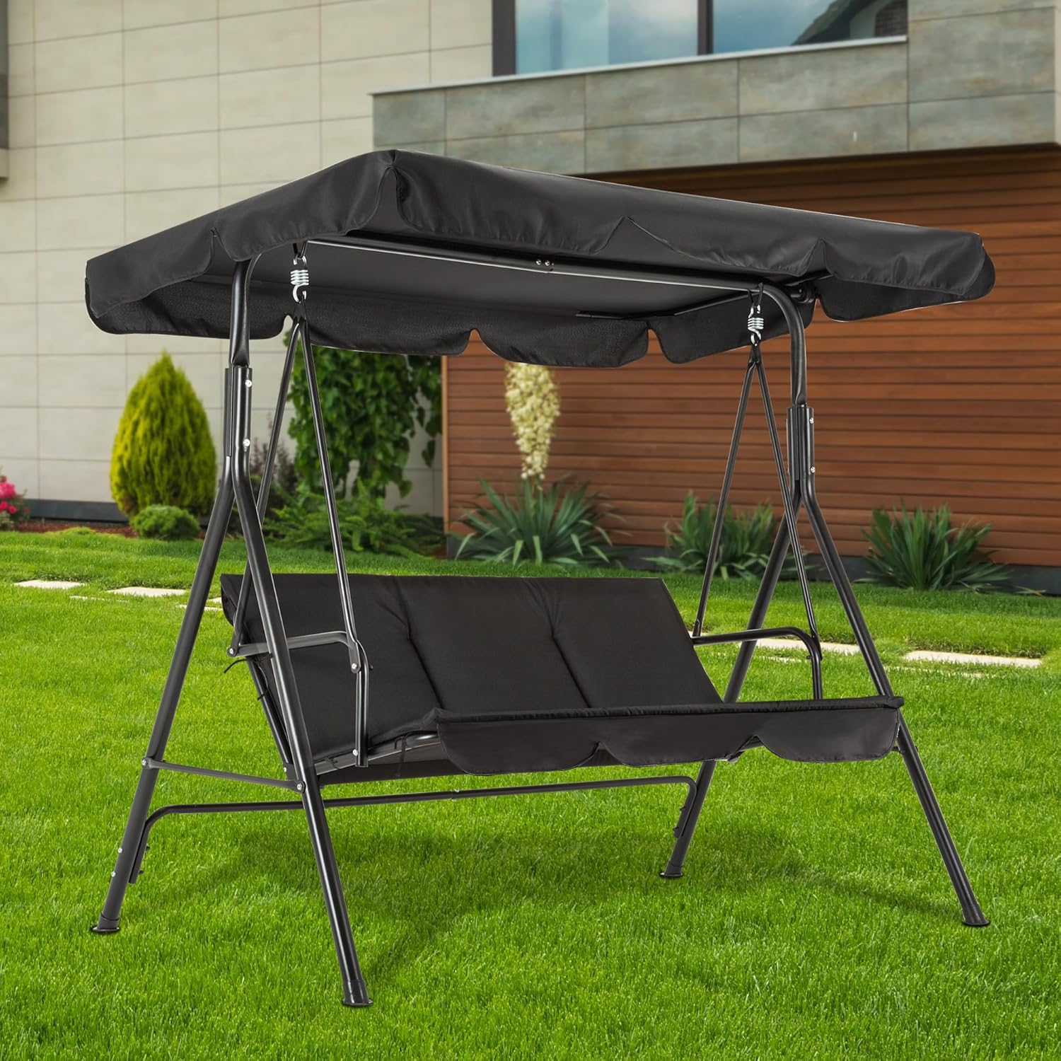 M MCombo Hollywood 3 Seater Swing, Garden Swing with Adjustable Roof, Outdoor Rocking Bench, Weatherproof Garden Lounger, 114 x 170 x 155 cm, Black 8003