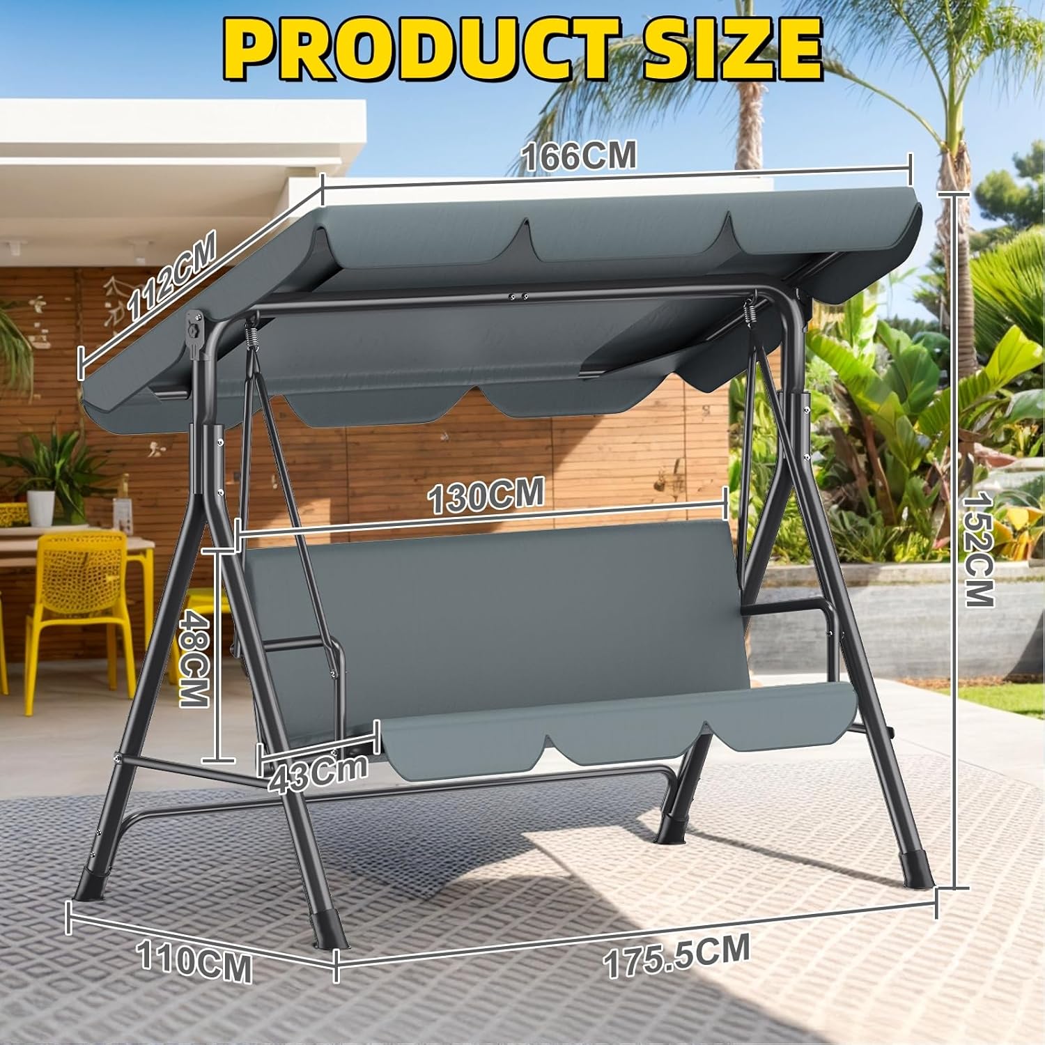 Balancelle de Jardin 3 Places avec Toit Réglable, Exterieur Balançoire de Jardin Imperméable Protection UV, Hollywoodienne Balancelle 220 KG Charge 175 x 110 x 152cm, pour Terrasse, Gris