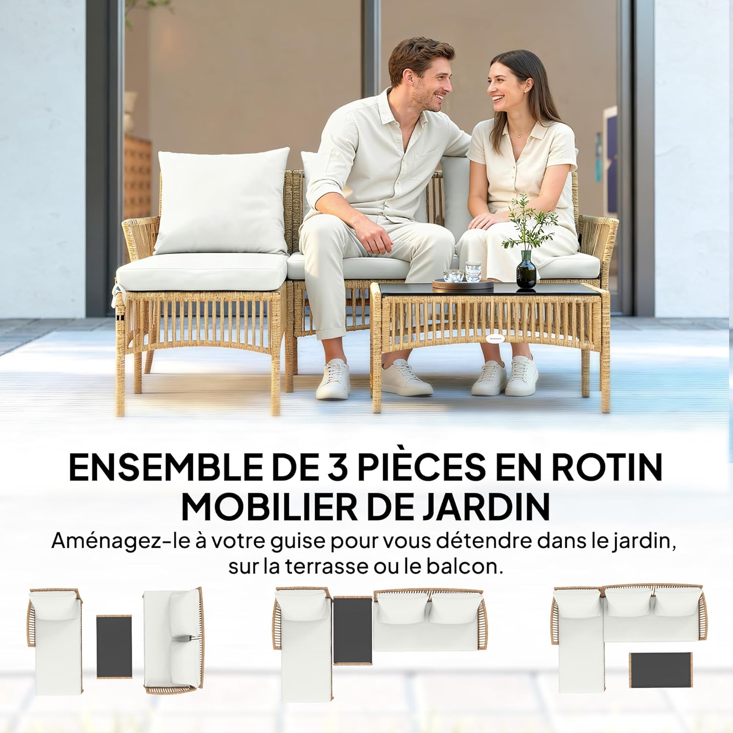 Outsunny Outdoor Garden Furniture Corner 4 Seater Resin Braided 2 Seater Sofa Lounge Chair Coffee Table Tempered Glass Top and Cushions Garden Furniture Patio Patio Cream