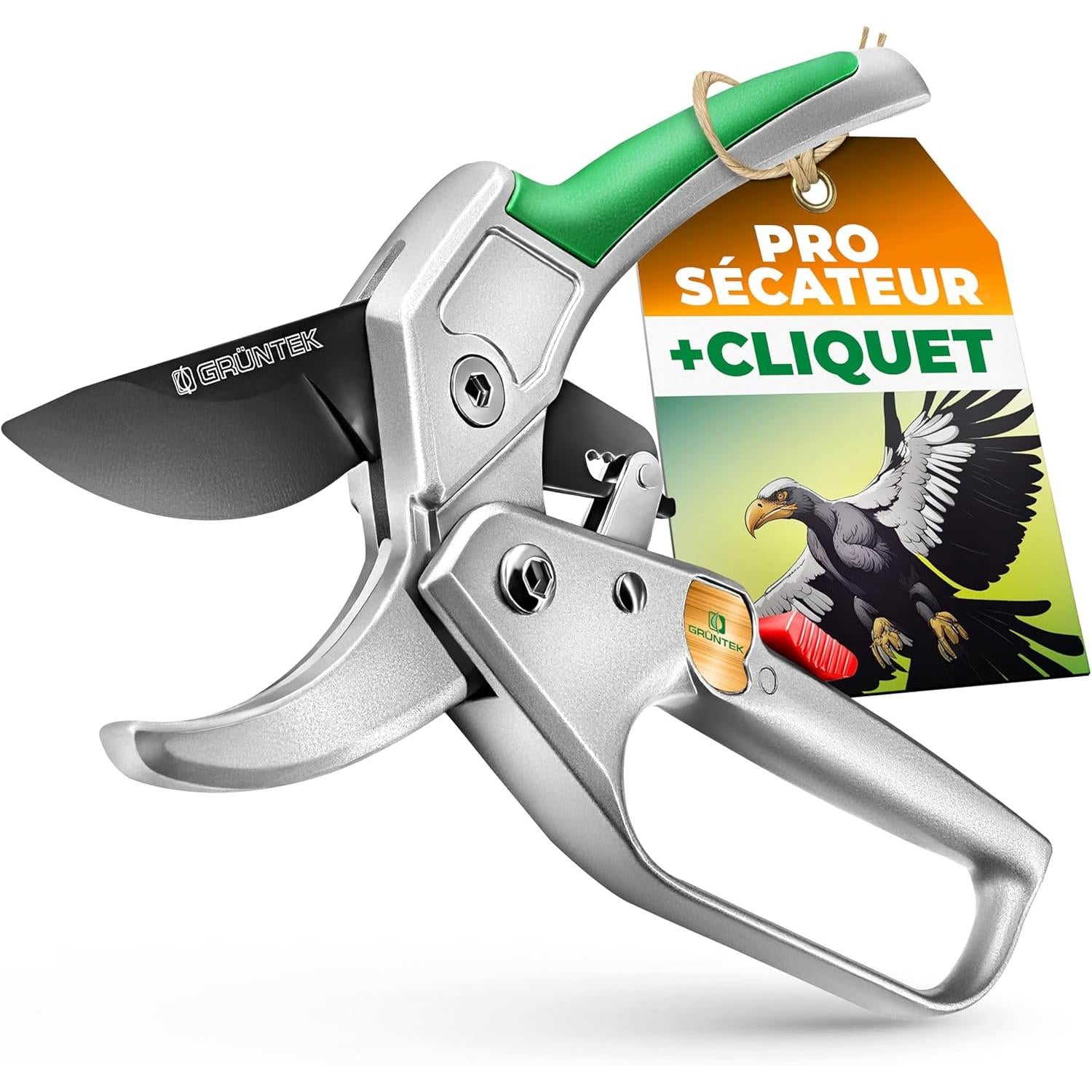 GRÜNTEK Professional Garden Pruning Shears with Automatic Ratchet and Anvil Condor 20 cm Branch Cutter Diameter 20 mm.