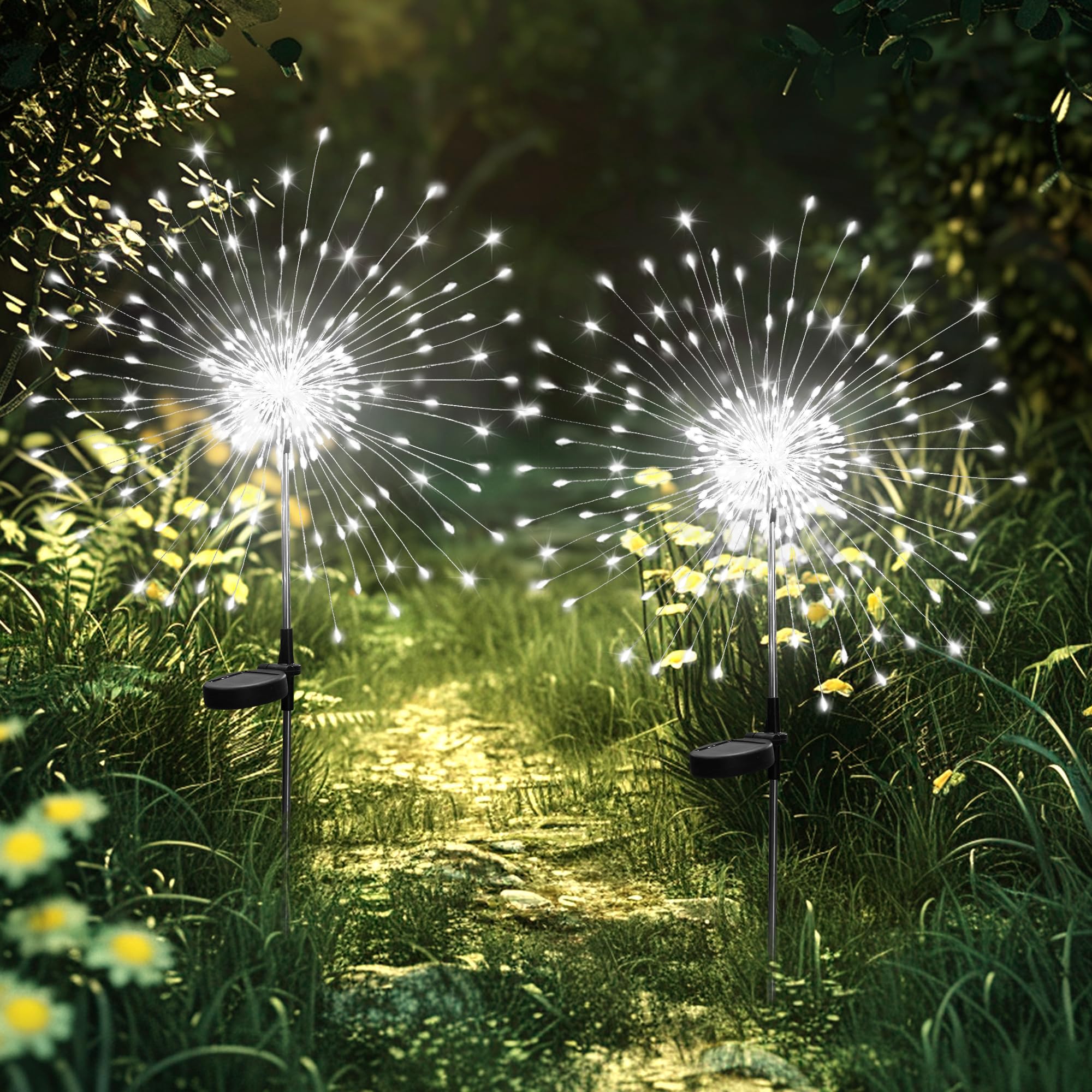 GIGALUMI Set of 4 Solar Outdoor Garden Lights, 120 LED Solar Fireworks, Waterproof Solar Dandelion Lamp for Yard, Lawn, Party, Patio, Wedding Decoration (Warm White)
