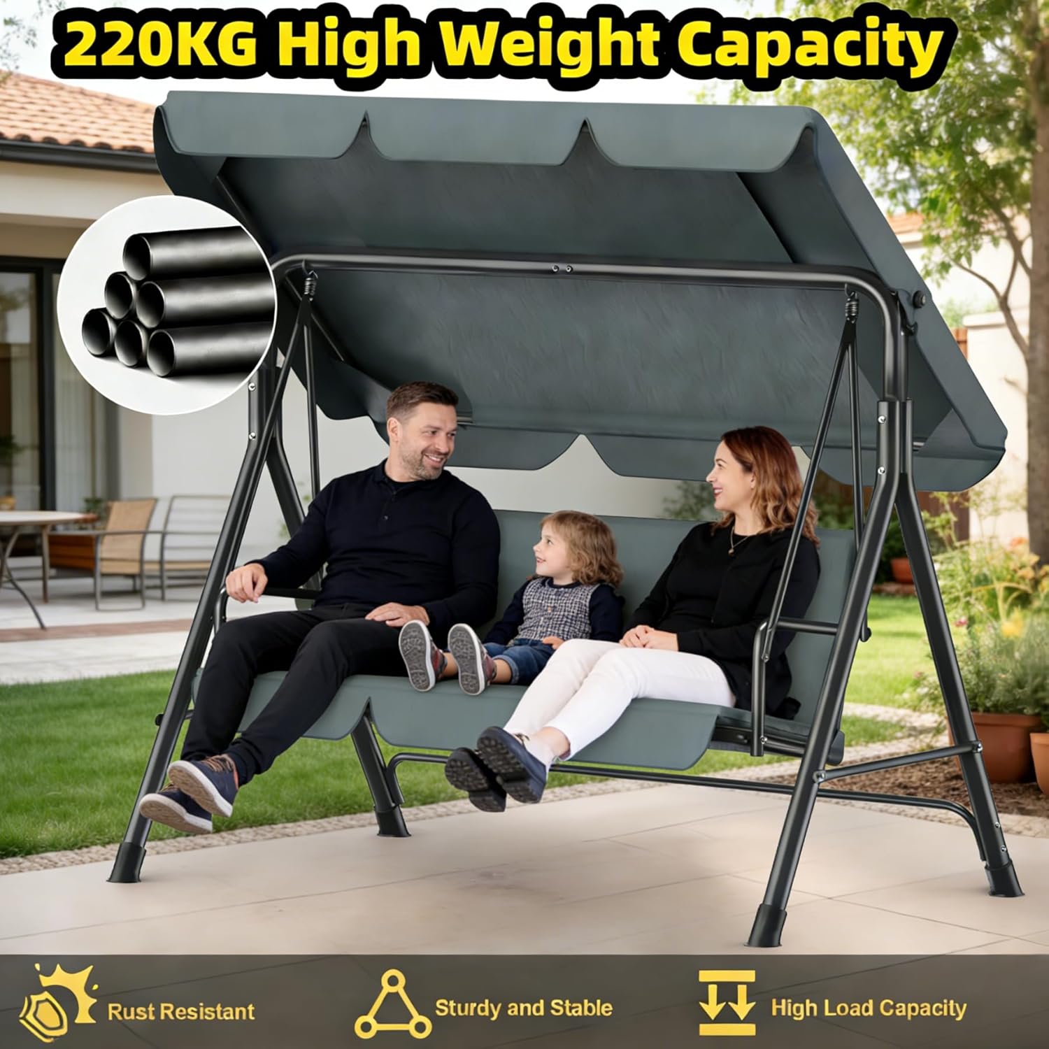 Balancelle de Jardin 3 Places avec Toit Réglable, Exterieur Balançoire de Jardin Imperméable Protection UV, Hollywoodienne Balancelle 220 KG Charge 175 x 110 x 152cm, pour Terrasse, Gris