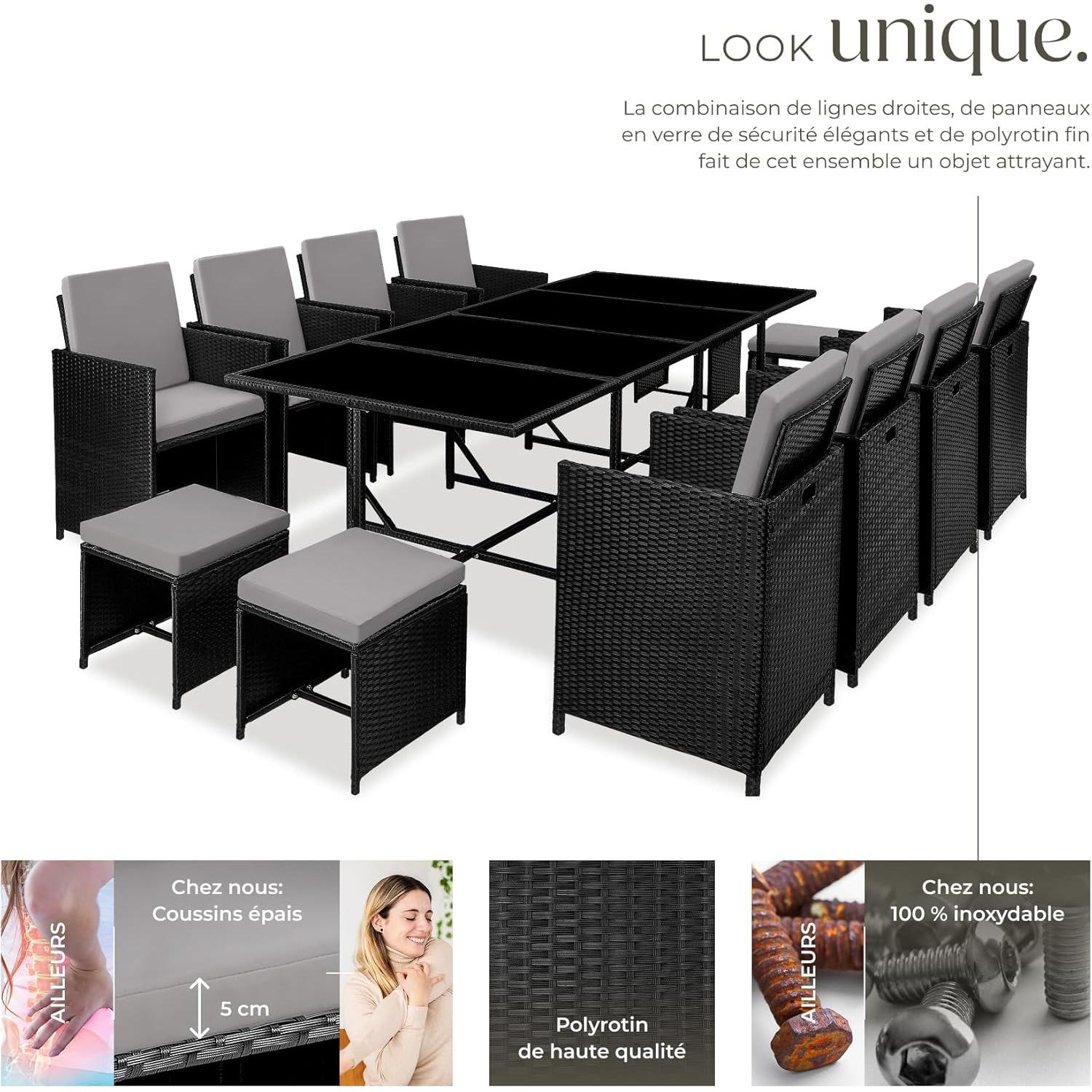 tectake Woven Resin Garden Furniture - Outdoor Dining Set - 8 Comfortable Chairs 4 Stools 1 Table - Furniture for Balcony Terrace - Black/Grey