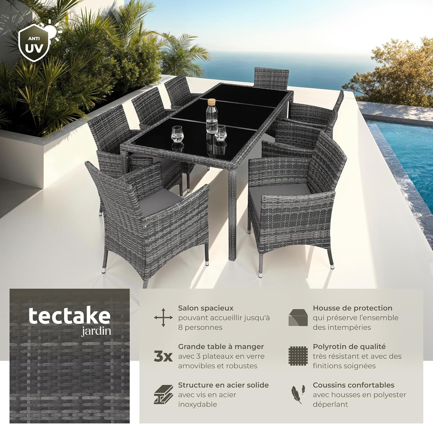 tectake Outdoor Poly Rattan Garden Furniture Set - Table, 8 Comfortable Armchairs, Protective Cover - Furniture for Balcony and Patio - Grey Mottled / Grey
