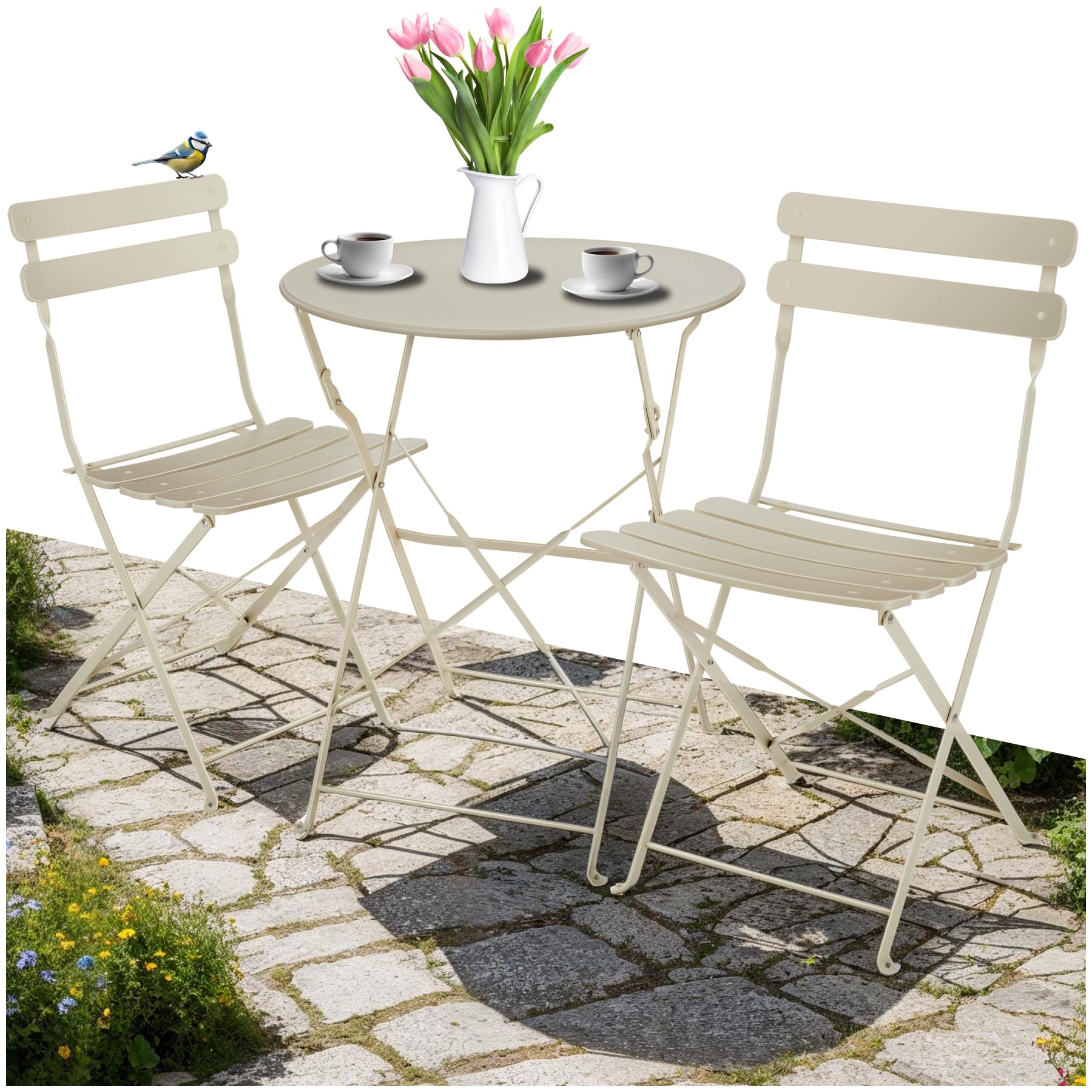 tectake Round Table and Folding Chairs Bistro Table Bar Outdoor Garden Lounge Set for 2 People, Epoxy Steel Structure, Garden Furniture, Balcony, Terrace, Garden Furniture