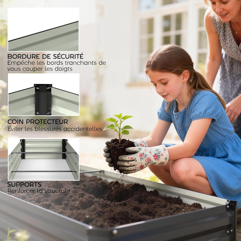 Outsunny Rectangular Steel Garden Planter with Safety Border and Open Bottom, 150L x 70W x 30H cm, Dark Grey