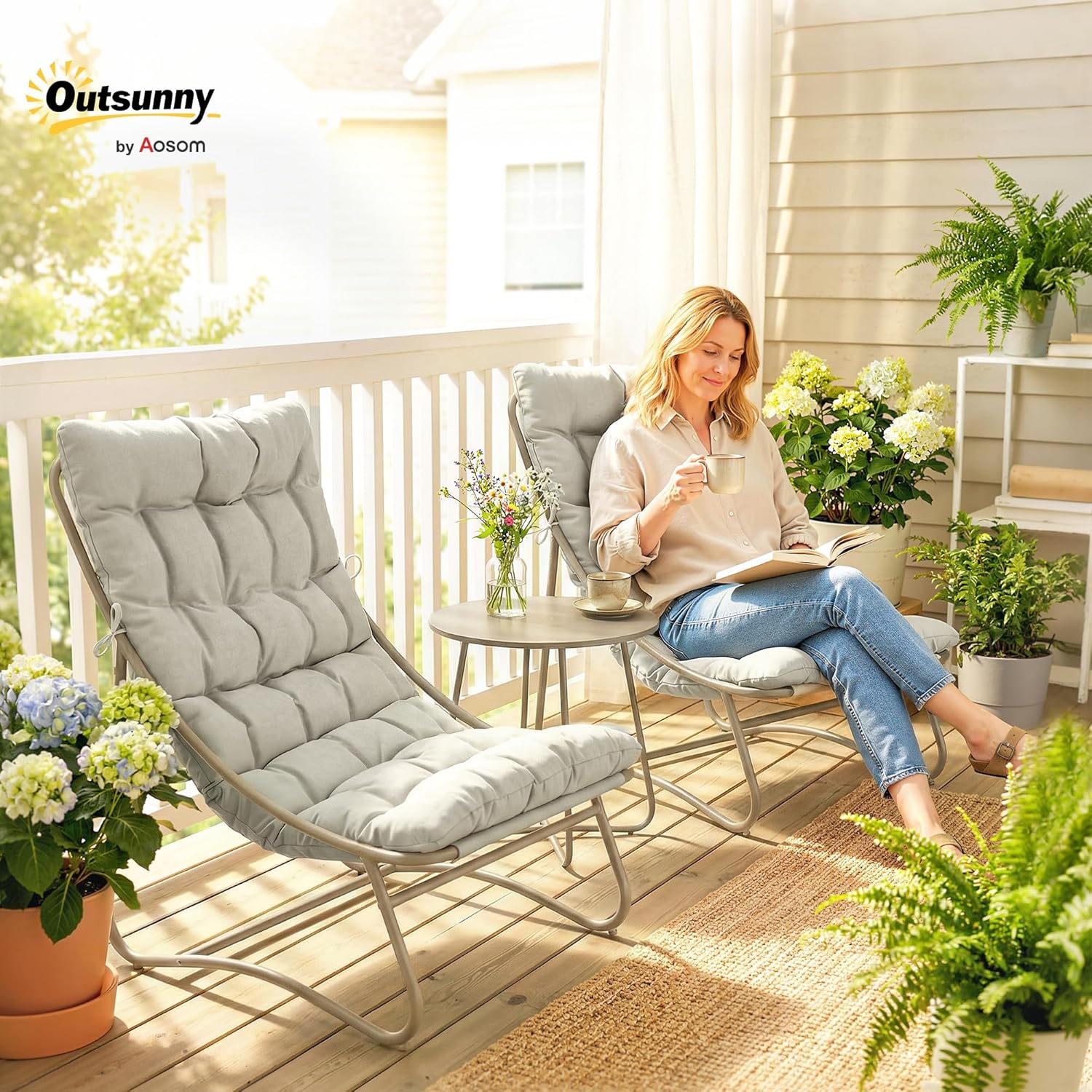 Outsunny - 3 Piece Bistro Lounge for 2 People, Round Table and Outdoor Chairs with Textilene Seat and Cushions, Metal Garden Furniture for Patio and Balcony, Light Grey