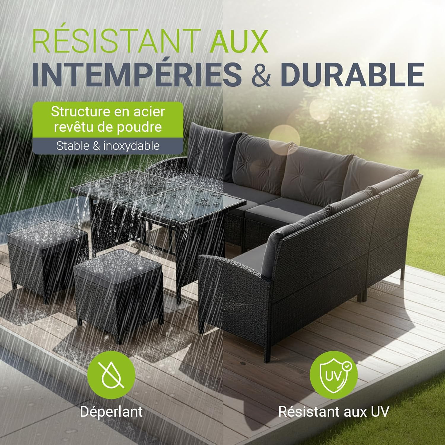 Juskys Manacor Black Polyrattan Garden Furniture Set with Sofa, Table, 2 Stools & Cushions - Garden Furniture Set for up to 7 People - Grey Covers