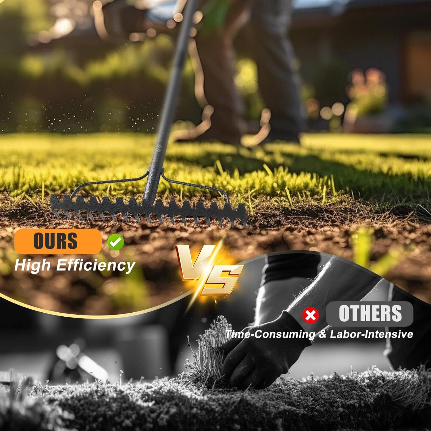 Bow Rake 17 Teeth Metal Rake Heavy Duty 4FT Garden Rake with Stainless Steel Handle, Grey