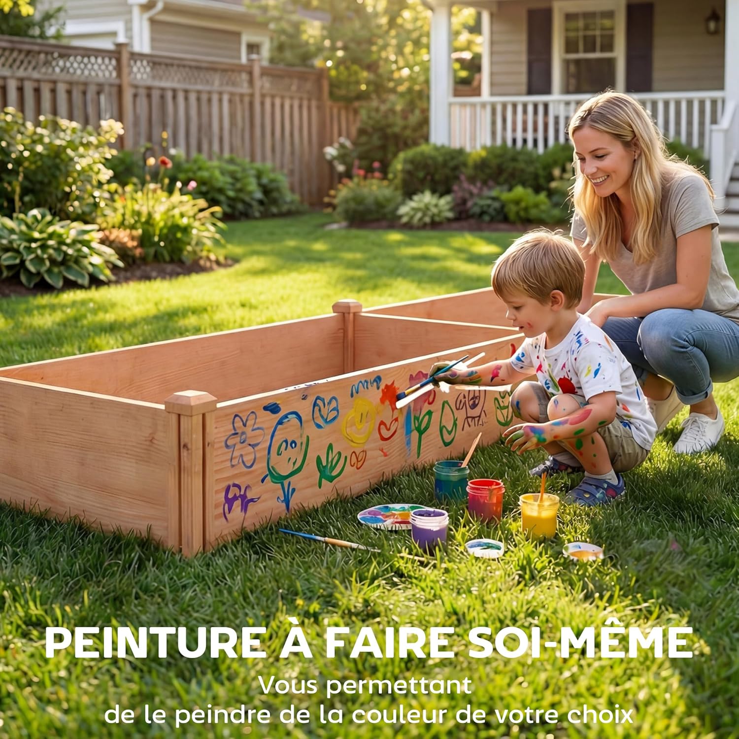 Outsunny Square Wooden Vegetable Garden 234 x 109 x 25 cm – Raised Garden Bed with 4 Growing Zones – Open Bottom Outdoor Planter with No Tools Assembly for Vegetables, Flowers, Light Brown