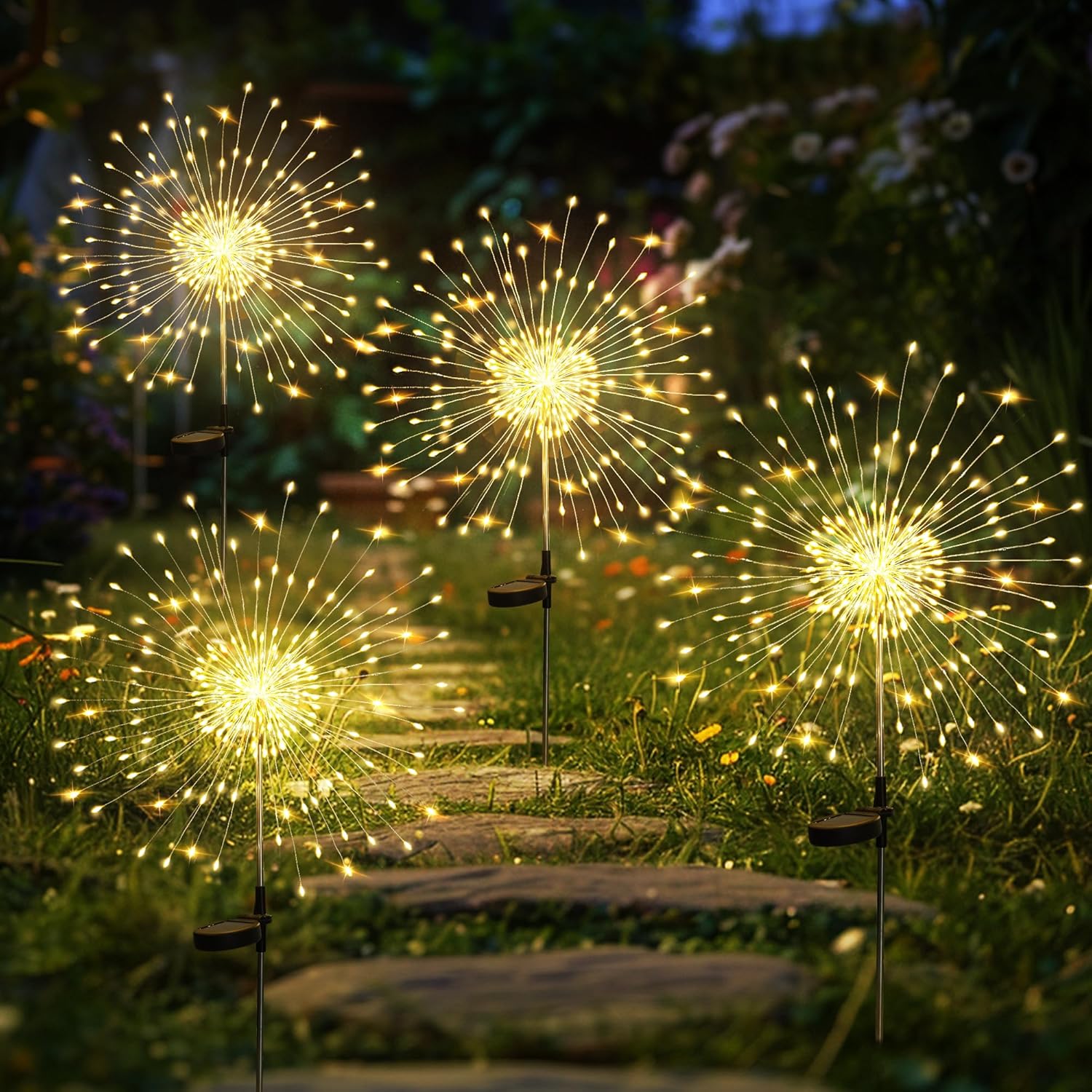 GIGALUMI Set of 4 Solar Outdoor Garden Lights, 120 LED Solar Fireworks, Waterproof Solar Dandelion Lamp for Yard, Lawn, Party, Patio, Wedding Decoration (Warm White)