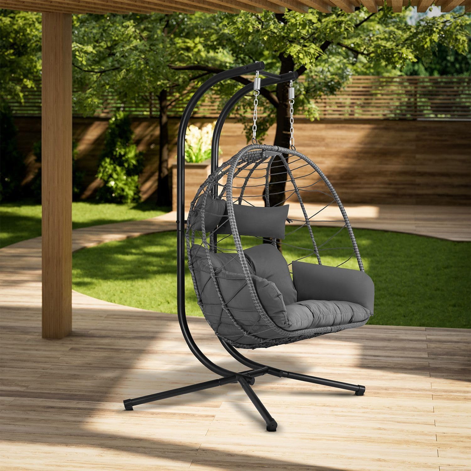Juskys Aria Double Hanging Chair - Polyrattan Hanging Chair with Support & Cushions - Swing Chair for Two People - Outdoor/Indoor Armchair - XXL Basket Grey