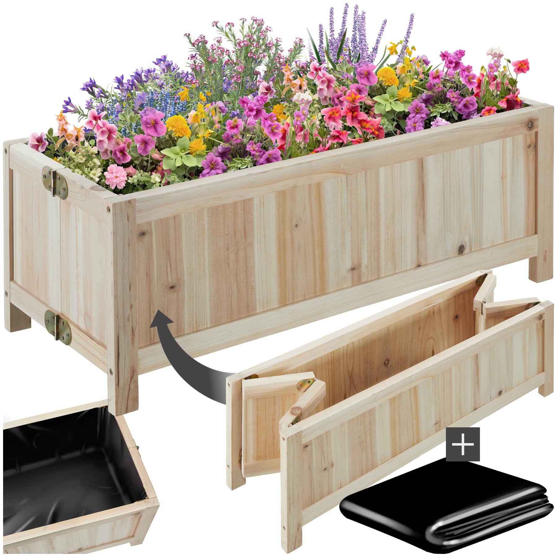 tectake Square Garden Vegetable Garden on Raised Wooden Stand, Wooden Planter Seedling Tray with Storage for Tools, Mini Greenhouse Frame Included – 119 x 57 x 90 cm