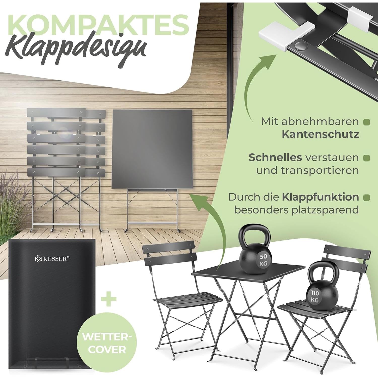 KESSER Bistro Set 3 Piece Table and 2 Folding Chairs | Outdoor Garden Furniture Table UV and Weather Resistant | Balcony Set