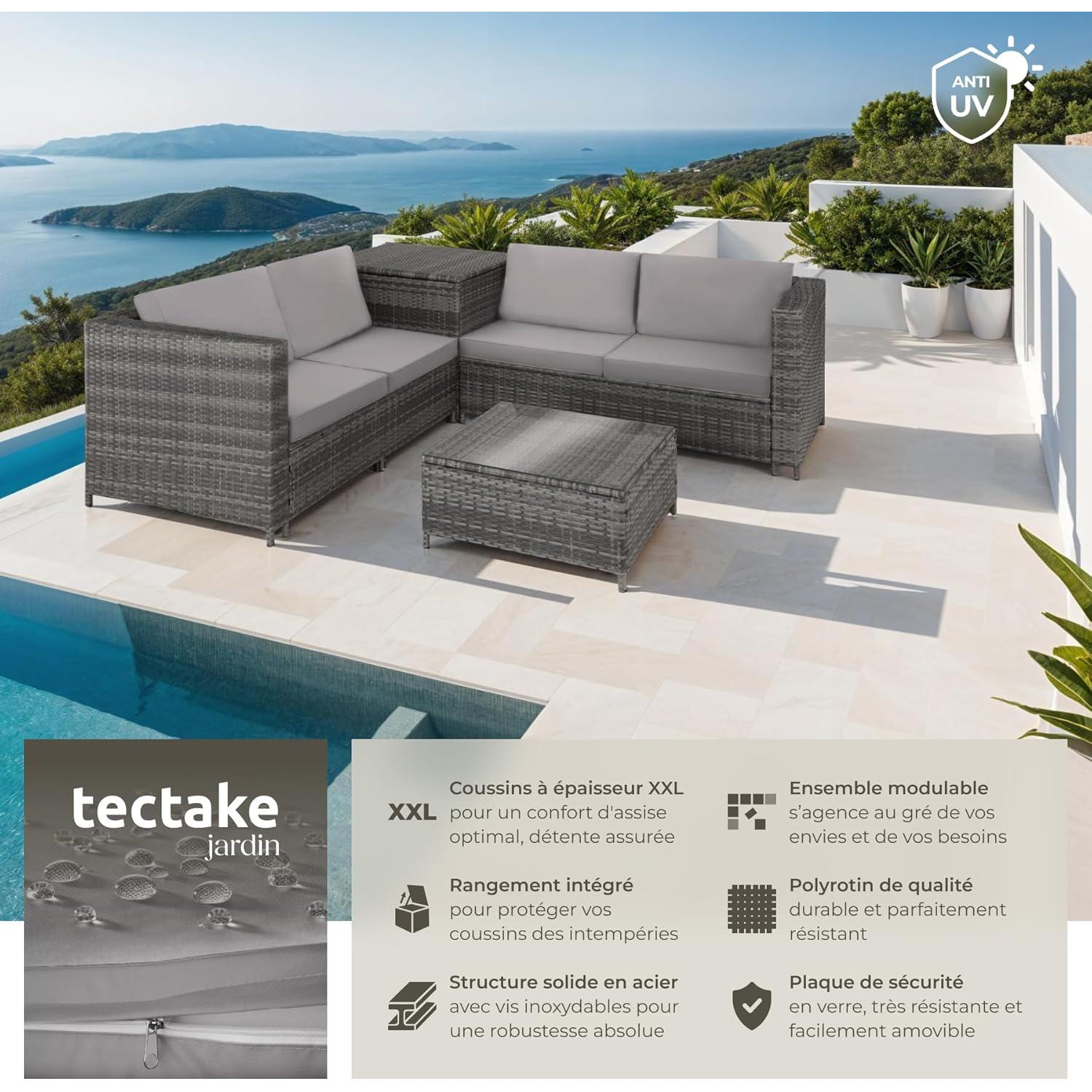 tectake Poly Rattan Outdoor Garden Furniture Set for 4 People, 2 Modular Sofas, Storage Chest and Glass Garden Table Included, Garden Furniture for Balcony