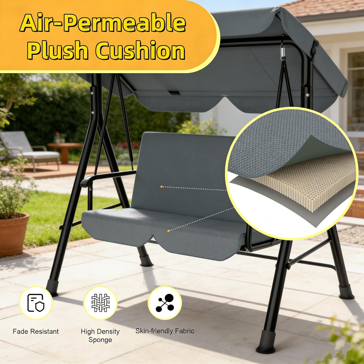 Balancelle de Jardin 3 Places avec Toit Réglable, Exterieur Balançoire de Jardin Imperméable Protection UV, Hollywoodienne Balancelle 220 KG Charge 175 x 110 x 152cm, pour Terrasse, Gris