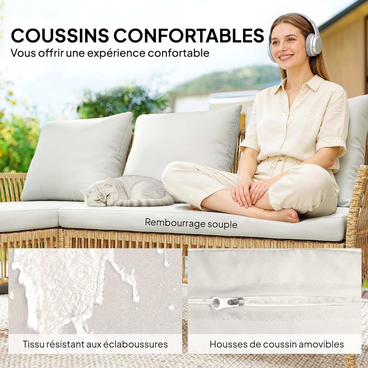 Outsunny Outdoor Garden Furniture Corner 4 Seater Resin Braided 2 Seater Sofa Lounge Chair Coffee Table Tempered Glass Top and Cushions Garden Furniture Patio Patio Cream