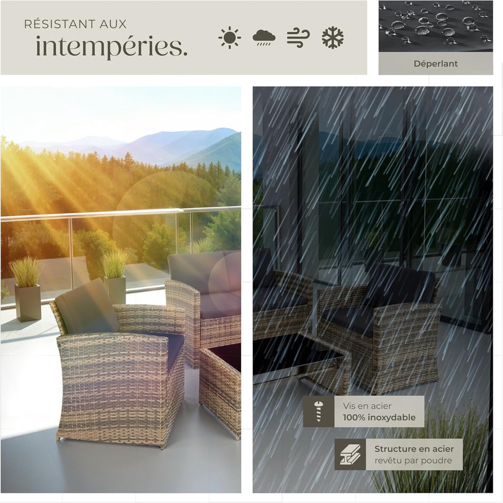 tectake 4 Seater Resin Outdoor Garden Furniture Set Garden Table, 1 Sofa, 2 Armchairs, Cushions Included, Garden Furniture - Natural Brown/Dark Grey