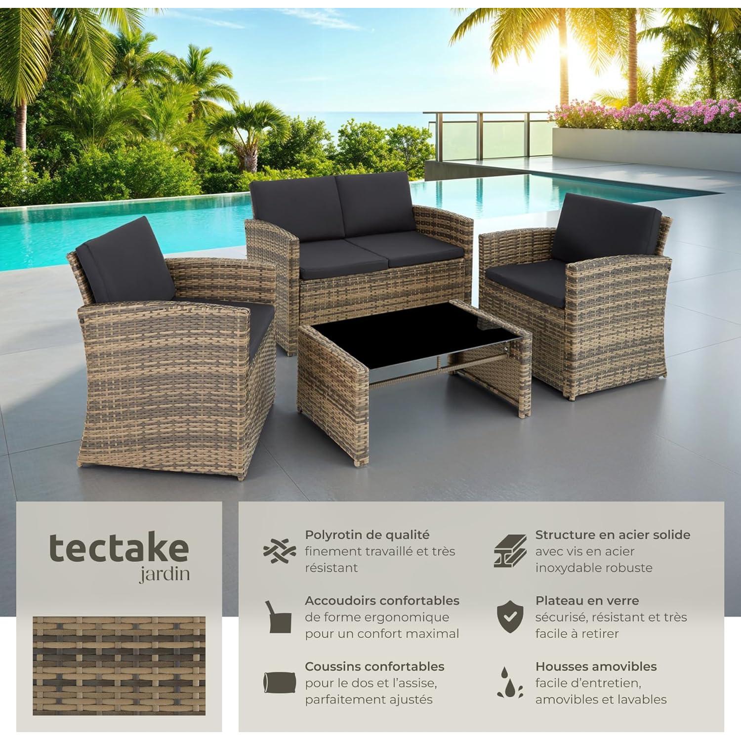 tectake 4 Seater Resin Outdoor Garden Furniture Set Garden Table, 1 Sofa, 2 Armchairs, Cushions Included, Garden Furniture - Natural Brown/Dark Grey