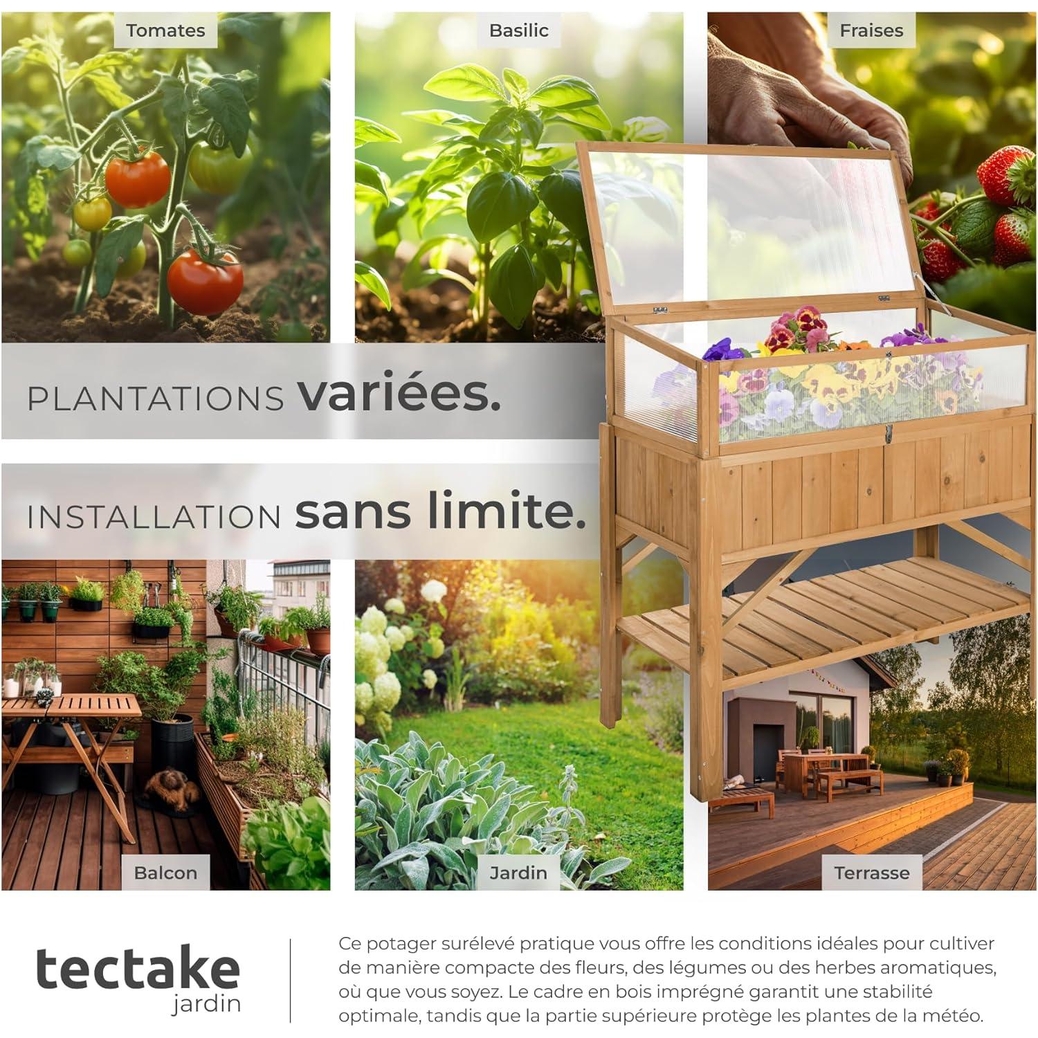 tectake Square Garden Vegetable Garden on Raised Wooden Stand, Wooden Planter Seedling Tray with Storage for Tools, Mini Greenhouse Frame Included – 119 x 57 x 90 cm