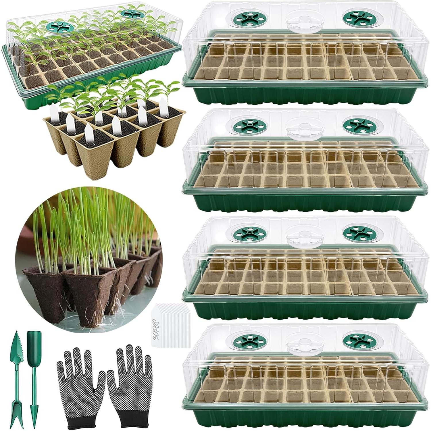VEEKAY Mini Greenhouse for Plants, 4 Pieces 144 Cells Biodegradable Seed Pot, Indoor Greenhouse Grow Trays, Grow Tray with Lid and Ventilation, Moisturizing Seedling Tray