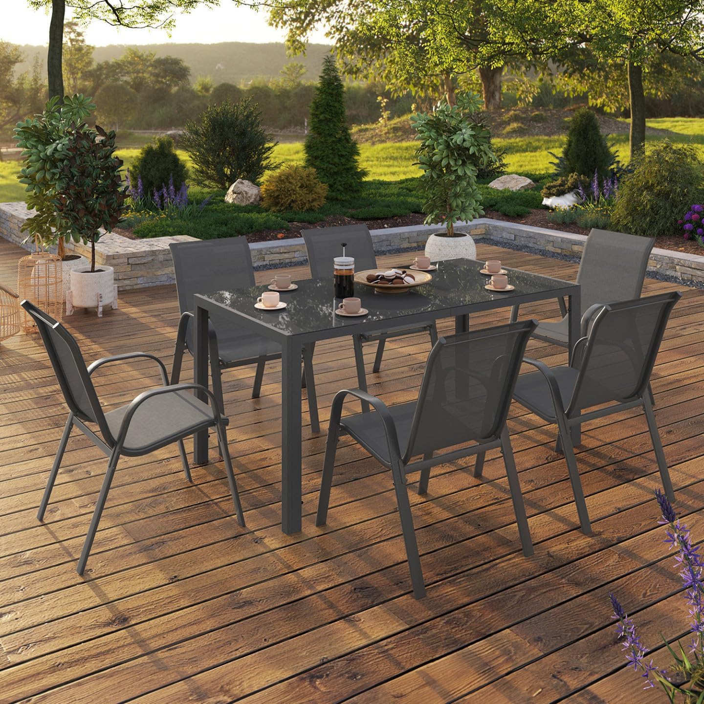 IDMarket - Garden Furniture Madrid Table 150 CM and 6 Stackable Chairs Charcoal Grey