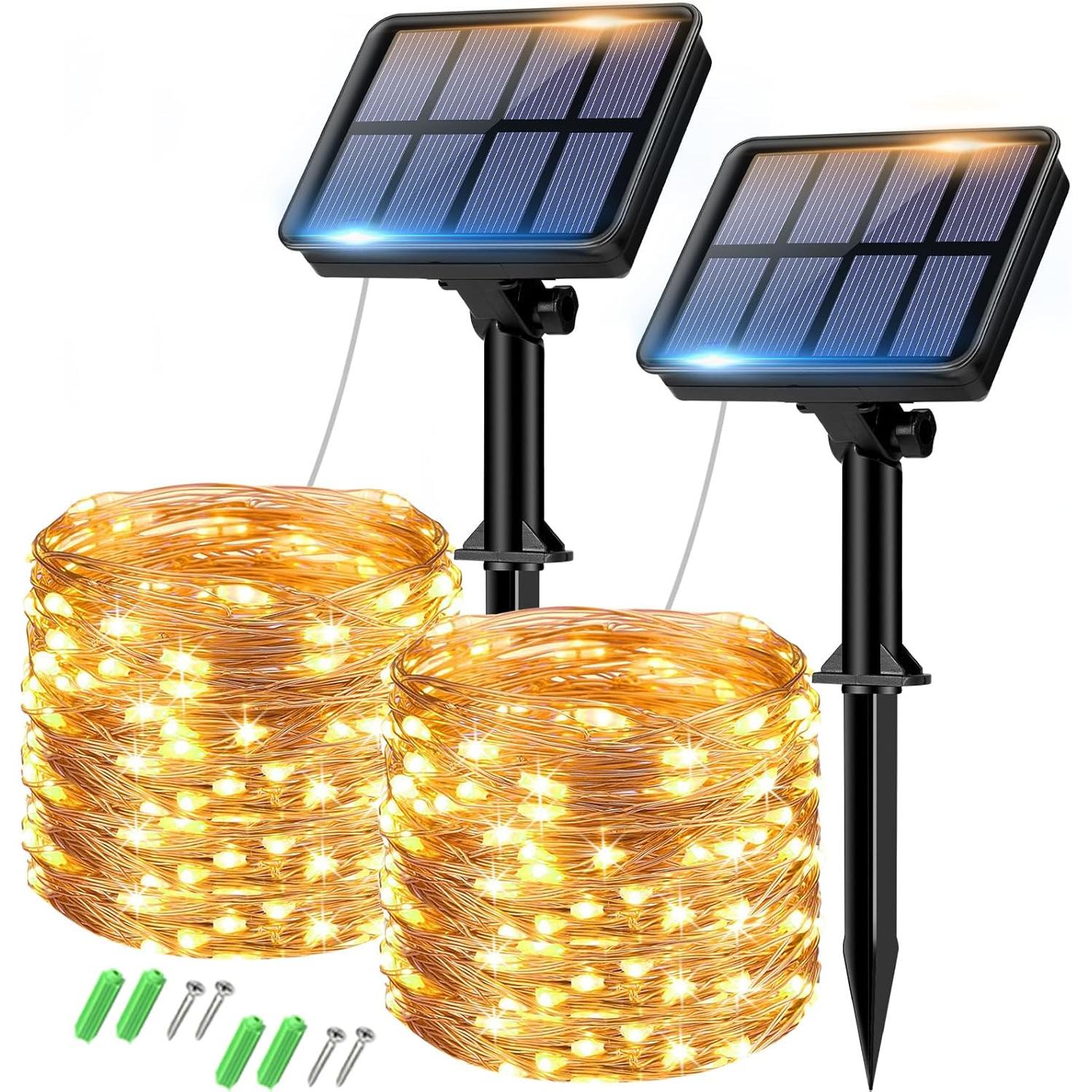 Set of 2 Solar String Lights Outdoor, Total 16 m, 160 LED, Waterproof, 8 Modes Decoration for Garden, Patio, Yard, Christmas, Wedding, Party, Warm White