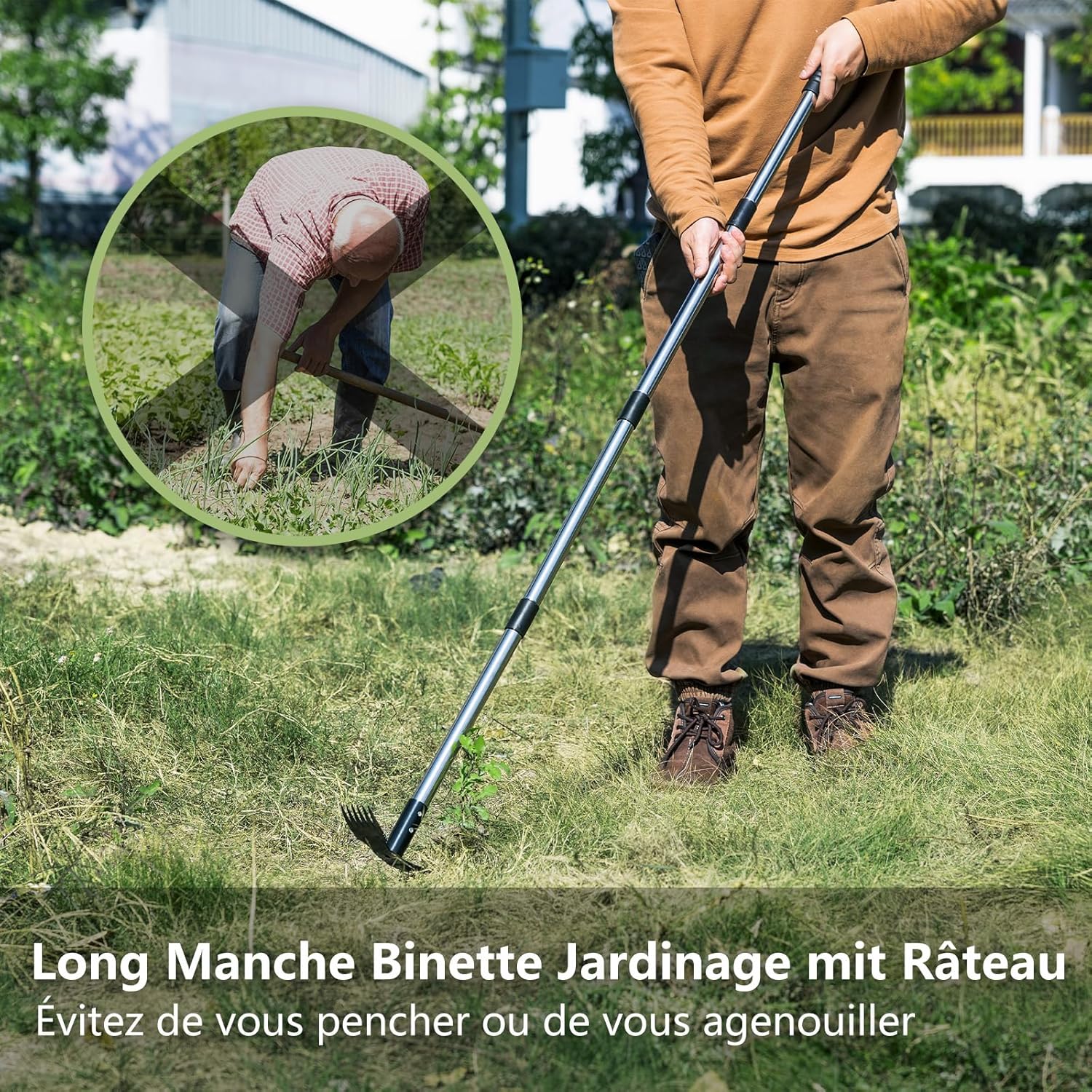 Garden Hoe with Long Handle (148 cm), Garden Tools with Hoe and Weeding Rake, Manual Weeder, Garden Hoe with 6 Claws for Furnishing, Aerating and Weeding the Soil