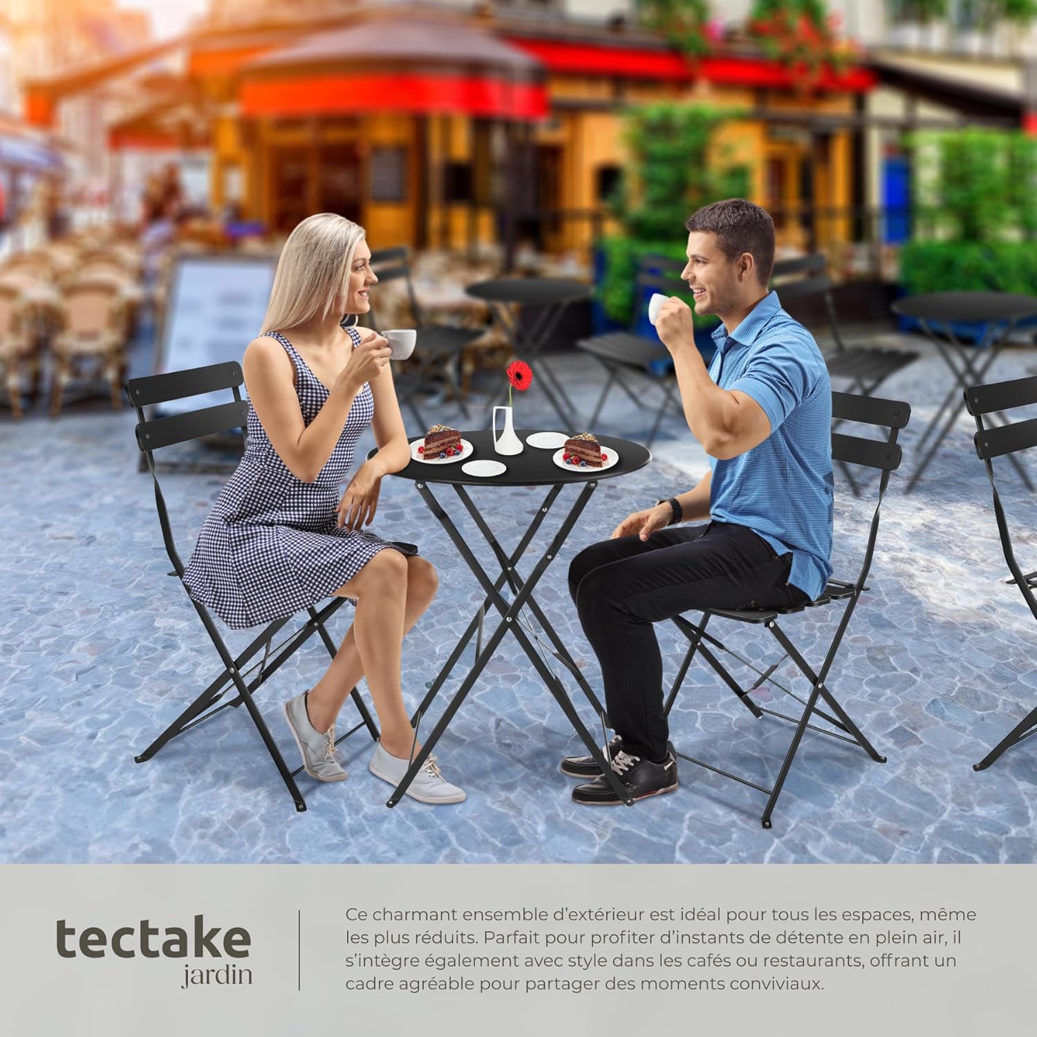 tectake Round Table and Folding Chairs Bistro Table Bar Outdoor Garden Lounge Set for 2 People, Epoxy Steel Structure, Garden Furniture, Balcony, Terrace, Garden Furniture