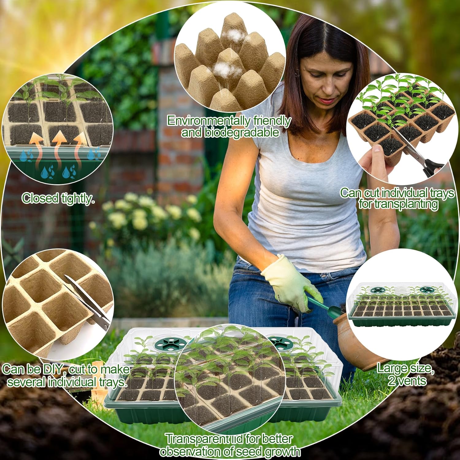 VEEKAY Mini Greenhouse for Plants, 4 Pieces 144 Cells Biodegradable Seed Pot, Indoor Greenhouse Grow Trays, Grow Tray with Lid and Ventilation, Moisturizing Seedling Tray