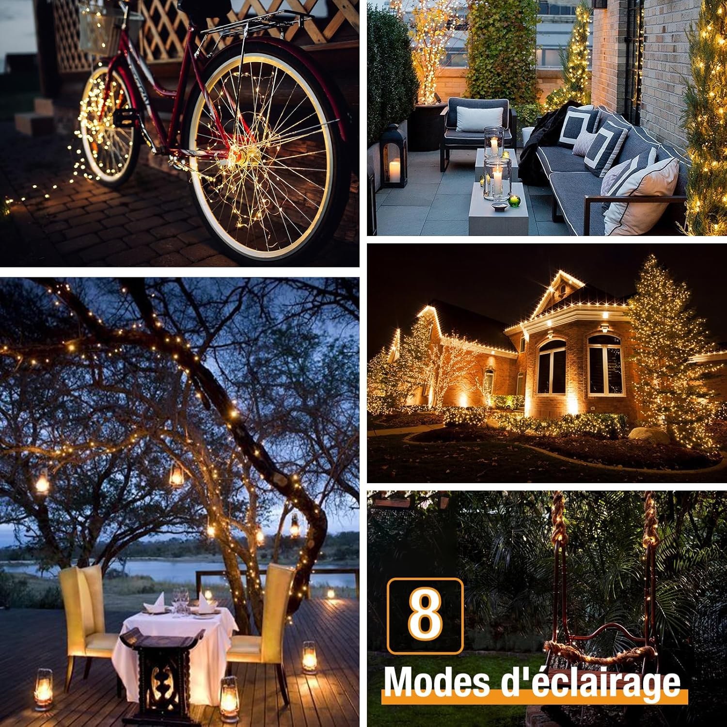 Set of 2 Solar String Lights Outdoor, Total 16 m, 160 LED, Waterproof, 8 Modes Decoration for Garden, Patio, Yard, Christmas, Wedding, Party, Warm White