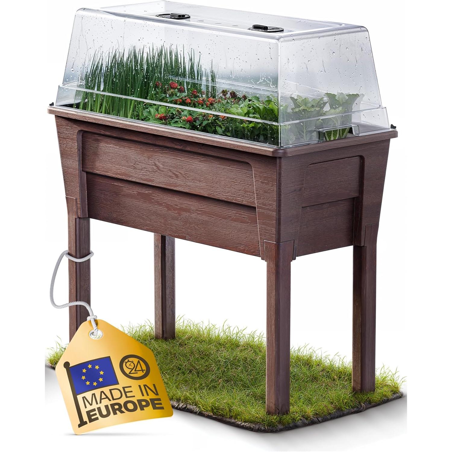 Ondis24 Victoria Balcony Garden Planter with Greenhouse, 50 L Volume, Water Tank, Drip Irrigation, Removable Feet, Suitable for Outdoor Use (Brown)