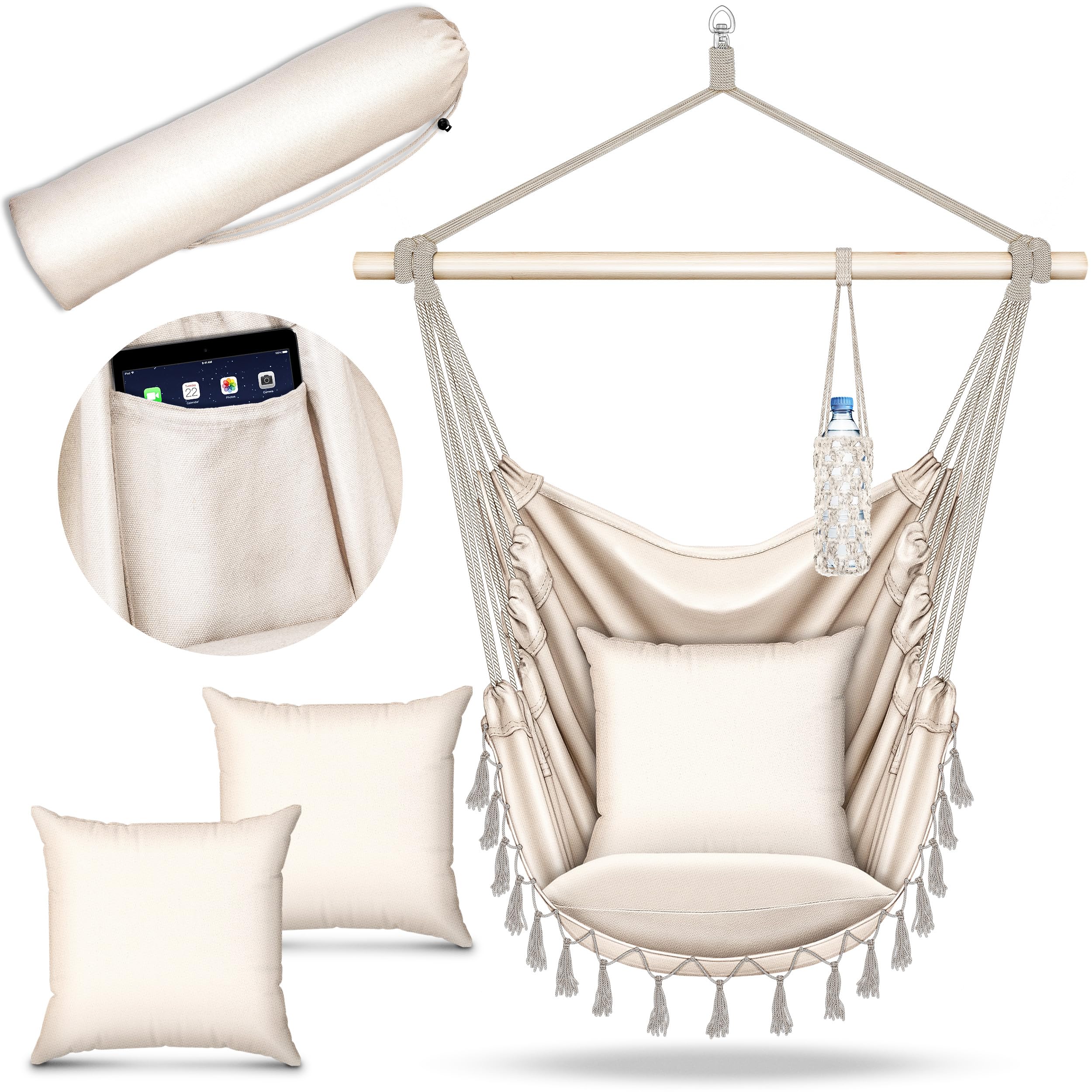 tillvex Hammock Hanging Chair 200 kg | Fringed Relax Chair - Indoor and Outdoor | Hammock with Comfortable Seat Cushions | Suspension Kit