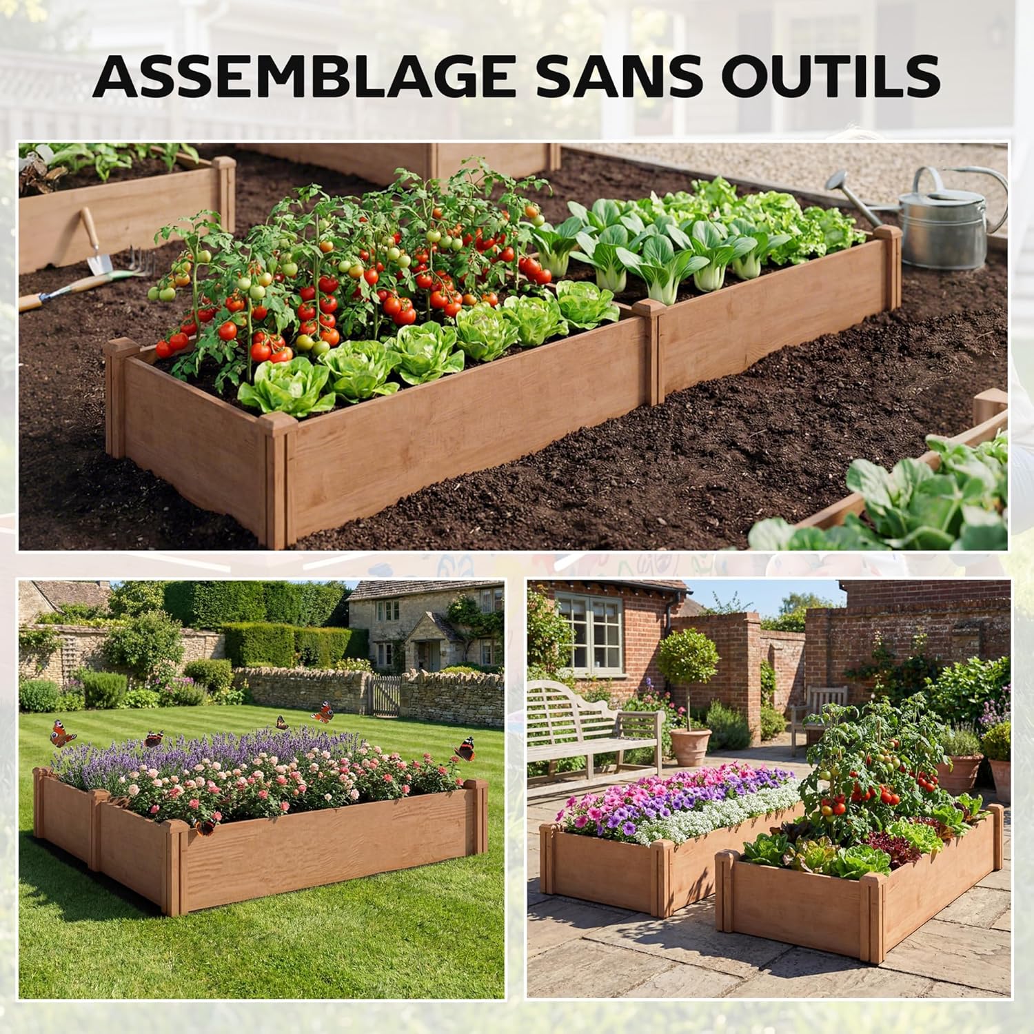 Outsunny Square Wooden Vegetable Garden 234 x 109 x 25 cm – Raised Garden Bed with 4 Growing Zones – Open Bottom Outdoor Planter with No Tools Assembly for Vegetables, Flowers, Light Brown